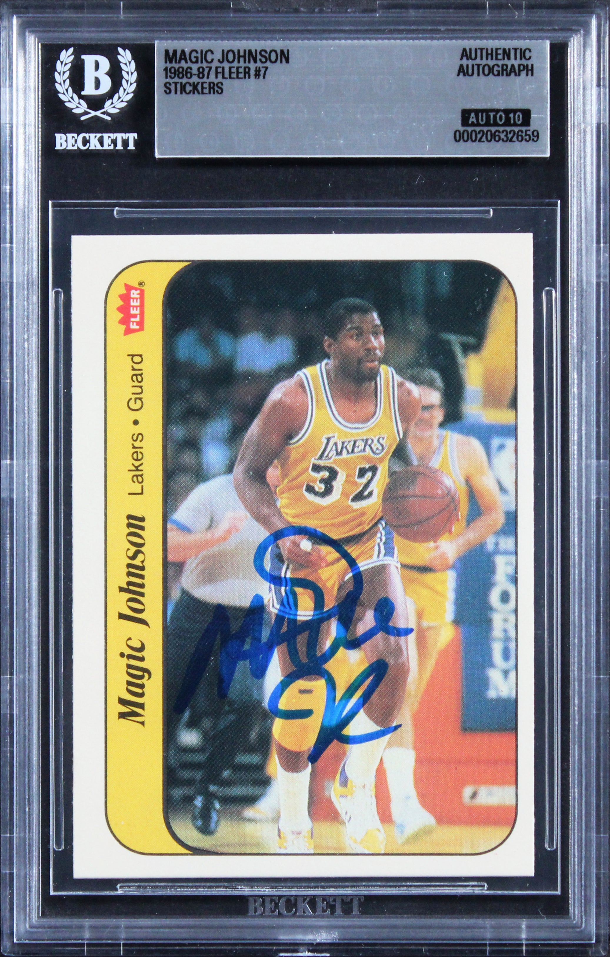 Lakers Magic Johnson Signed 1986 Fleer Stickers #7 Card Auto GM 10! BAS Slabbed