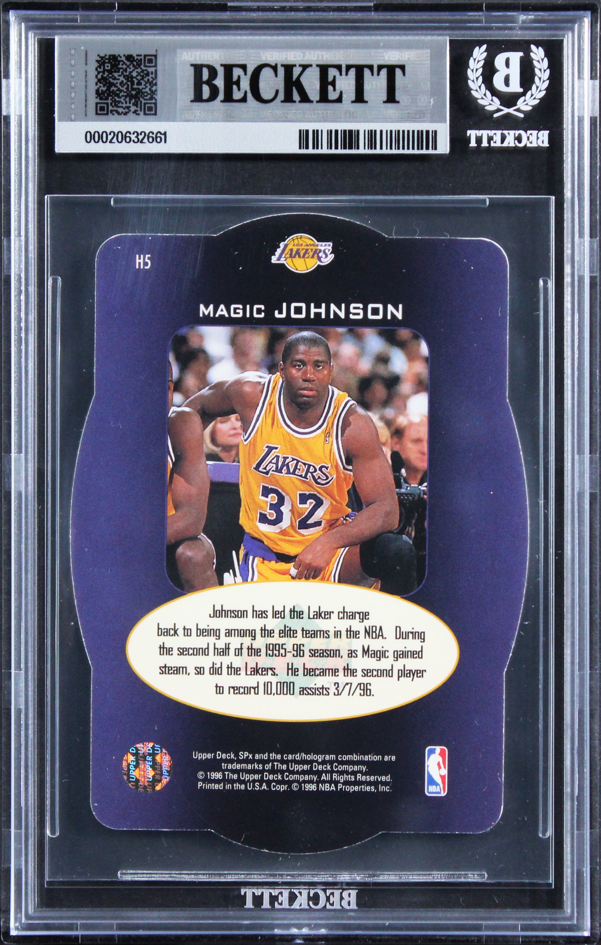 Lakers Magic Johnson Signed 1996 SPX #H5 Card Auto Grade Gem Mint 10 BAS Slabbed