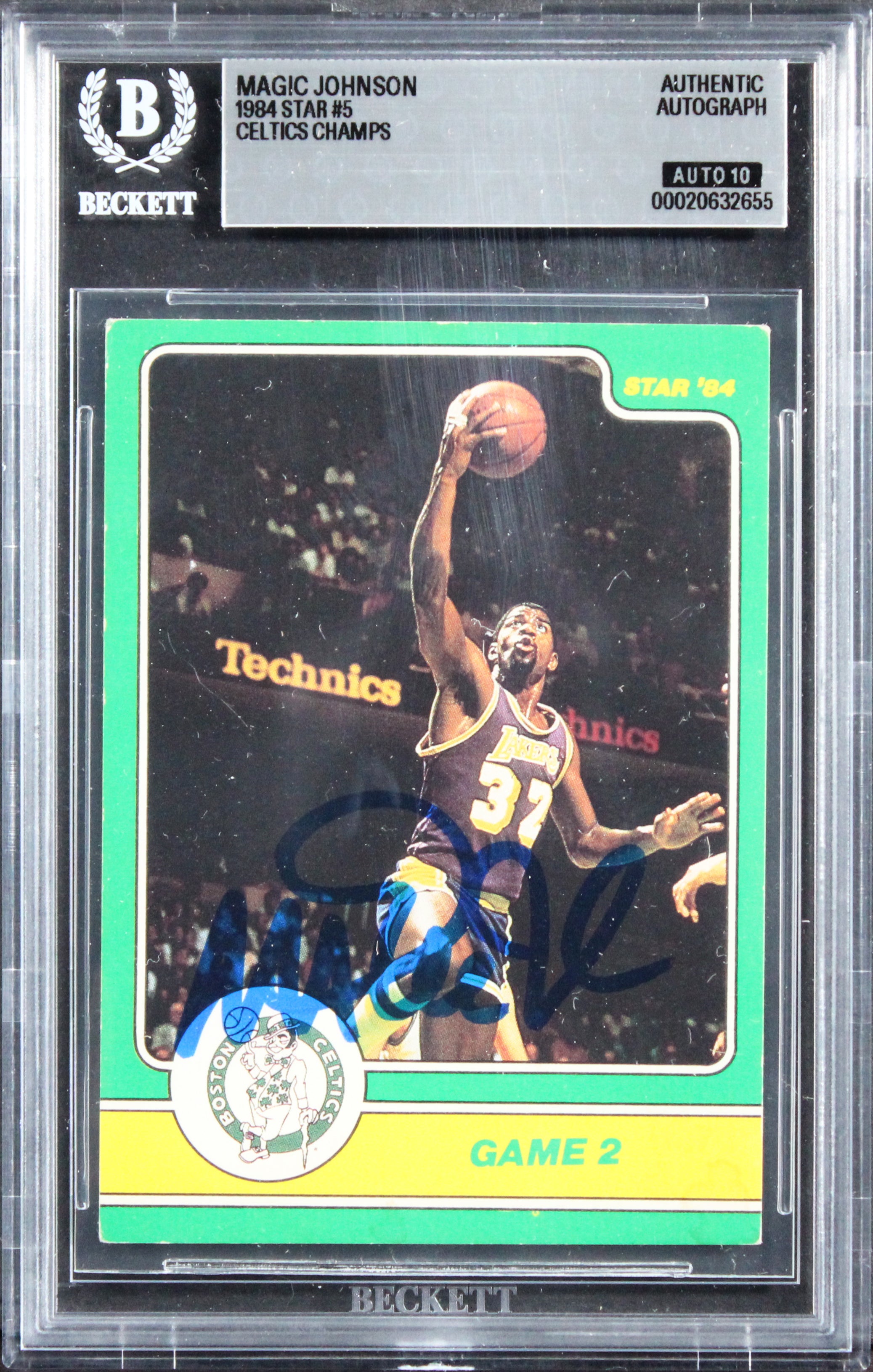 Lakers Magic Johnson Signed 1984 Star #5 Card Auto Grade Gem Mint 10 BAS Slabbed