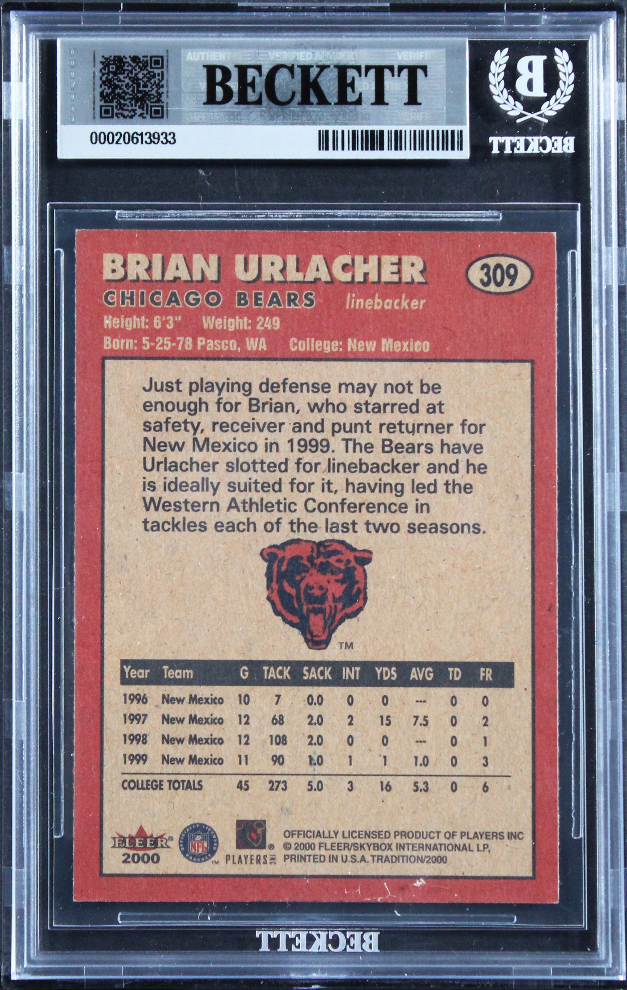 Bears Brian Urlacher "HOF 18" Signed 2000 Fleer Tradition #309 RC Card BAS Slab