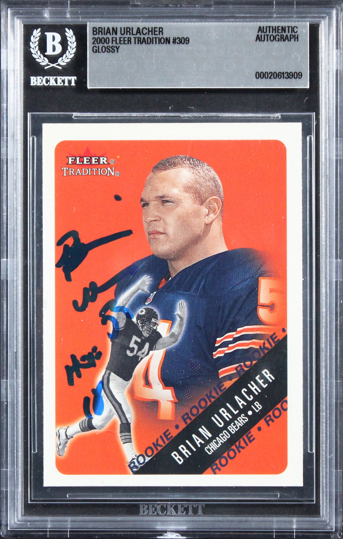 Bears Brian Urlacher "HOF 18" Signed 2000 Fleer Glossy #309 Rookie Card BAS Slab