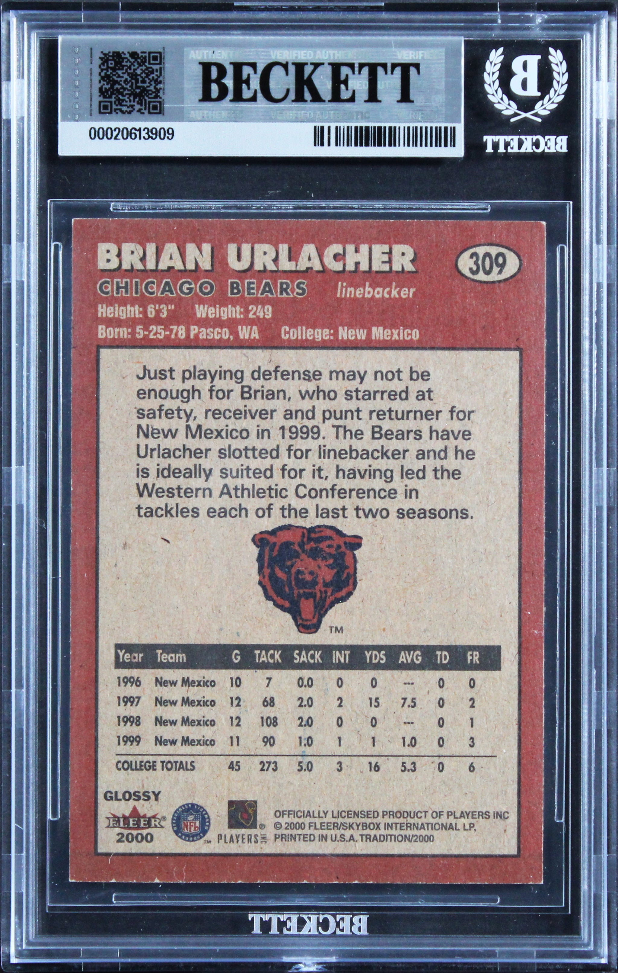 Bears Brian Urlacher "HOF 18" Signed 2000 Fleer Glossy #309 Rookie Card BAS Slab