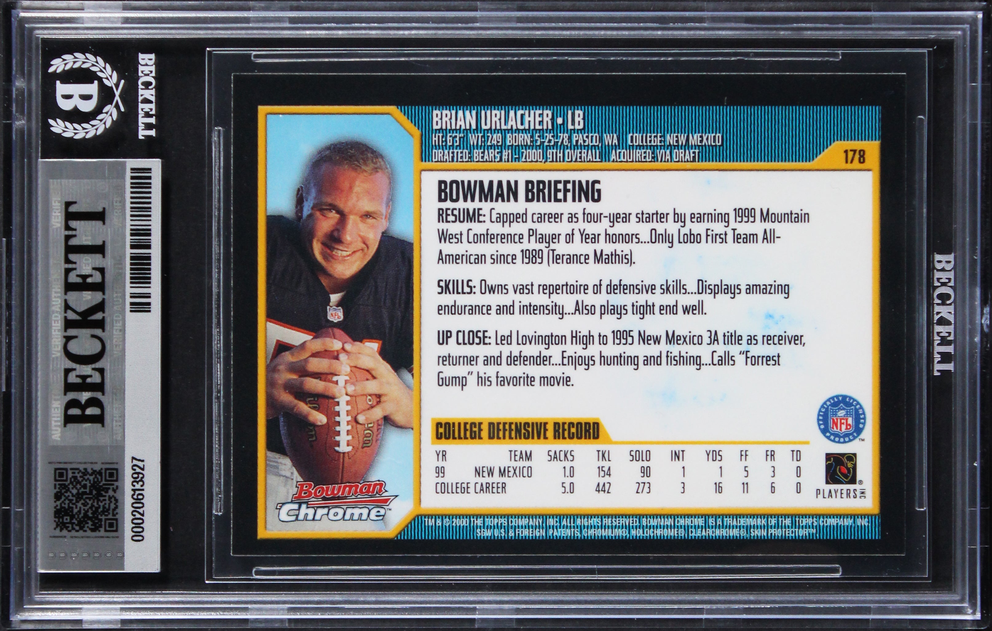 Bears Brian Urlacher "HOF 18" Signed 2000 Bowman Chrome #178 RC Card BAS Slabbed