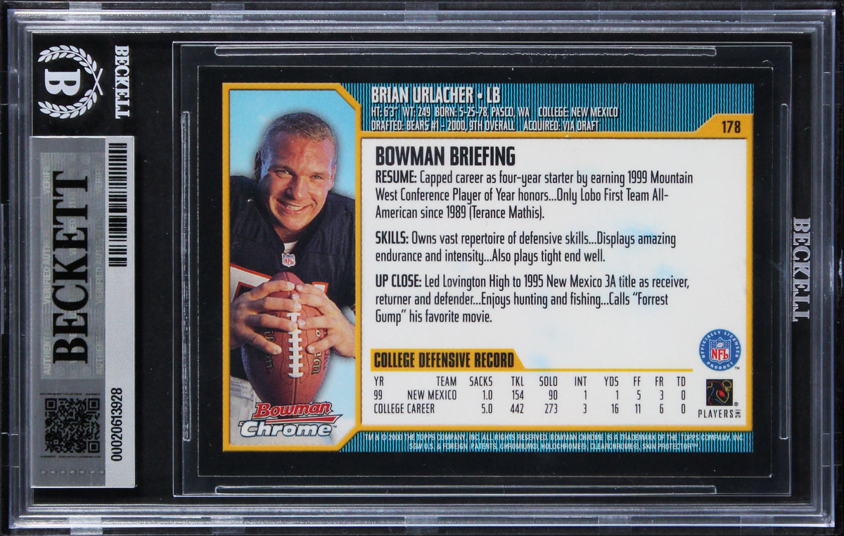 Bears Brian Urlacher "HOF 18" Signed 2000 Bowman Chrome #178 RC Card BAS Slab 4