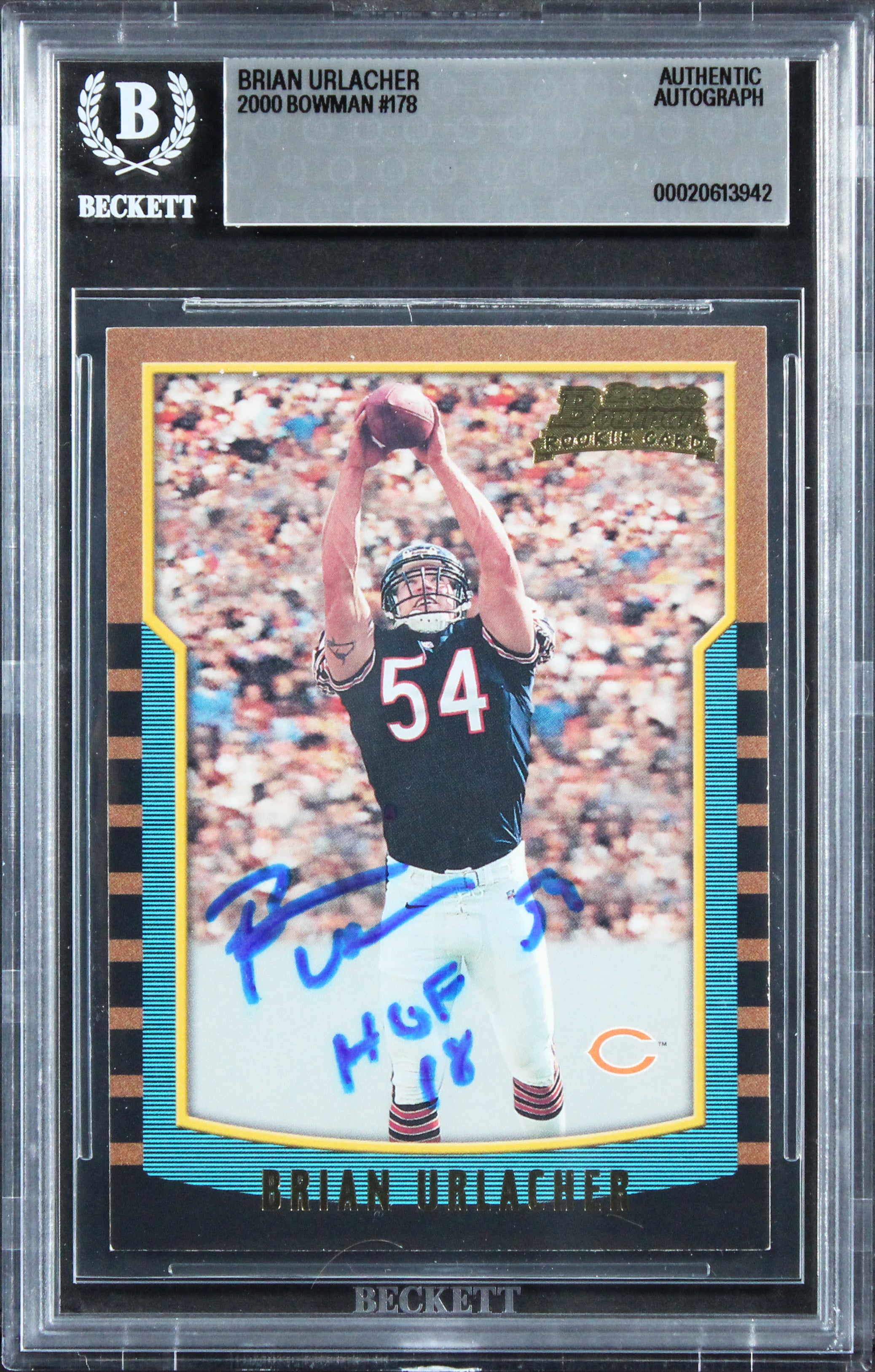 Bears Brian Urlacher "HOF 18" Signed 2000 Bowman #178 Rookie Card BAS Slabbed