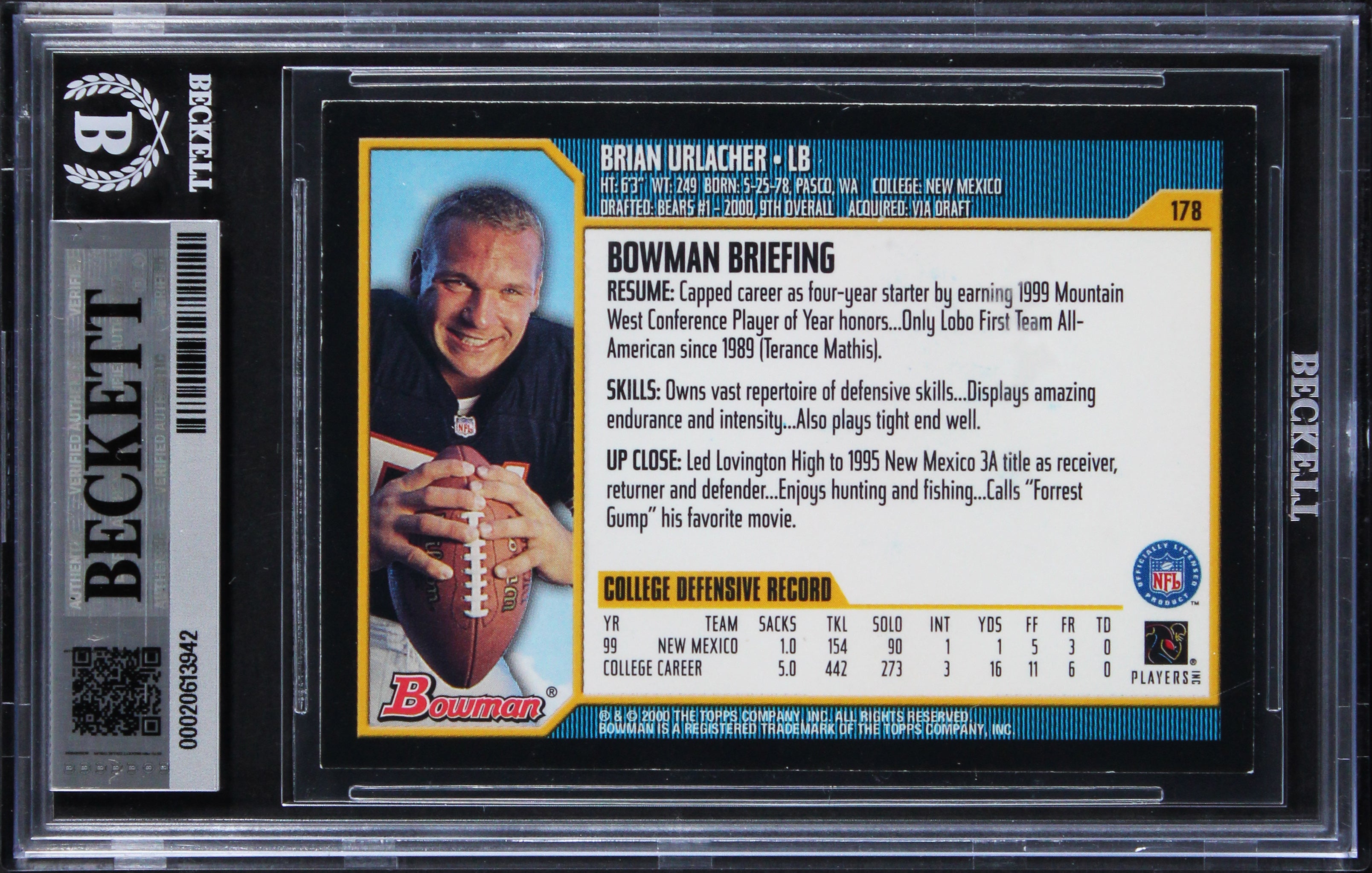 Bears Brian Urlacher "HOF 18" Signed 2000 Bowman #178 Rookie Card BAS Slabbed