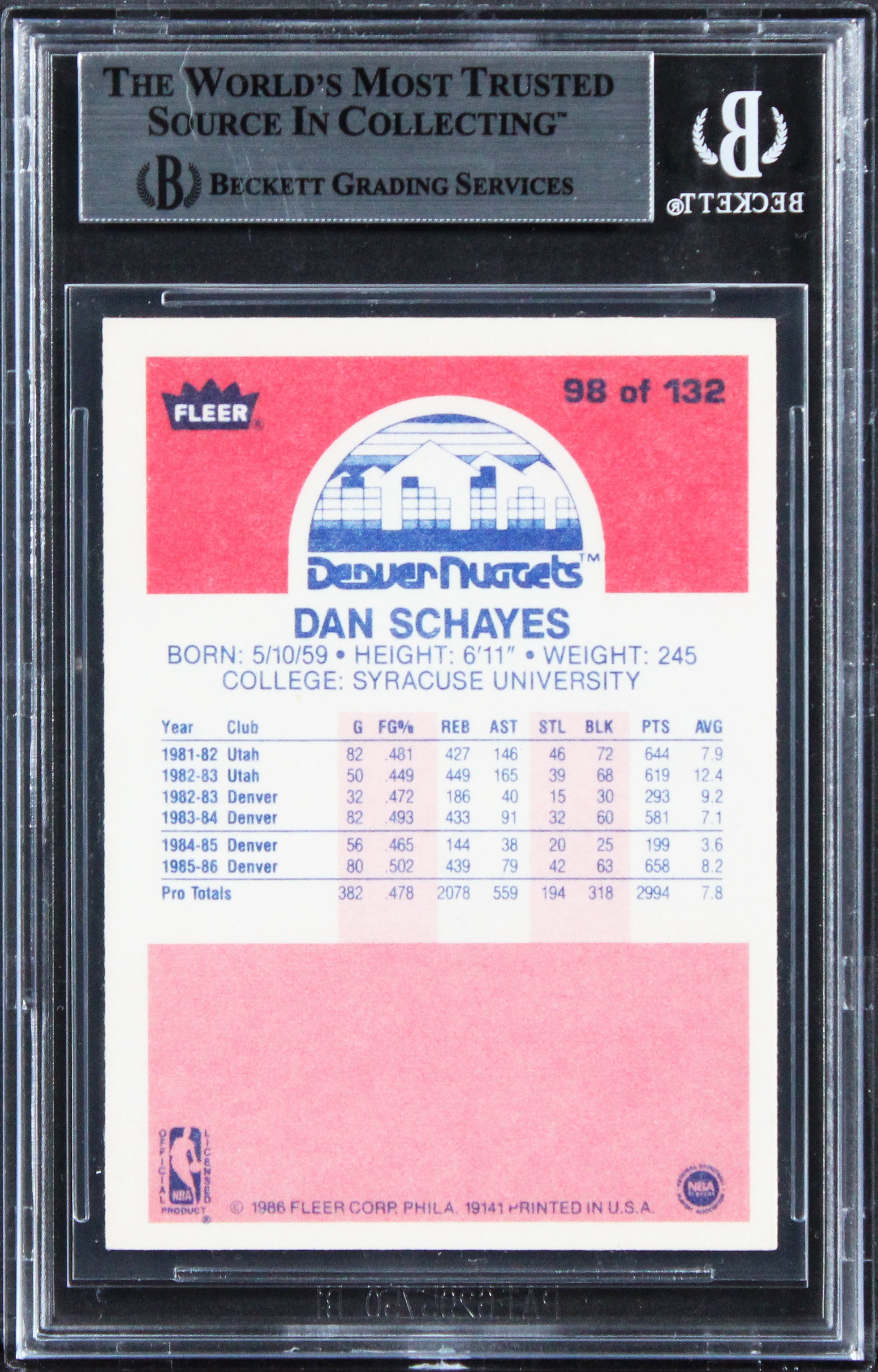 Nuggets Dan Schayes Authentic 1986 Fleer #98 Card Autographed BAS Slabbed