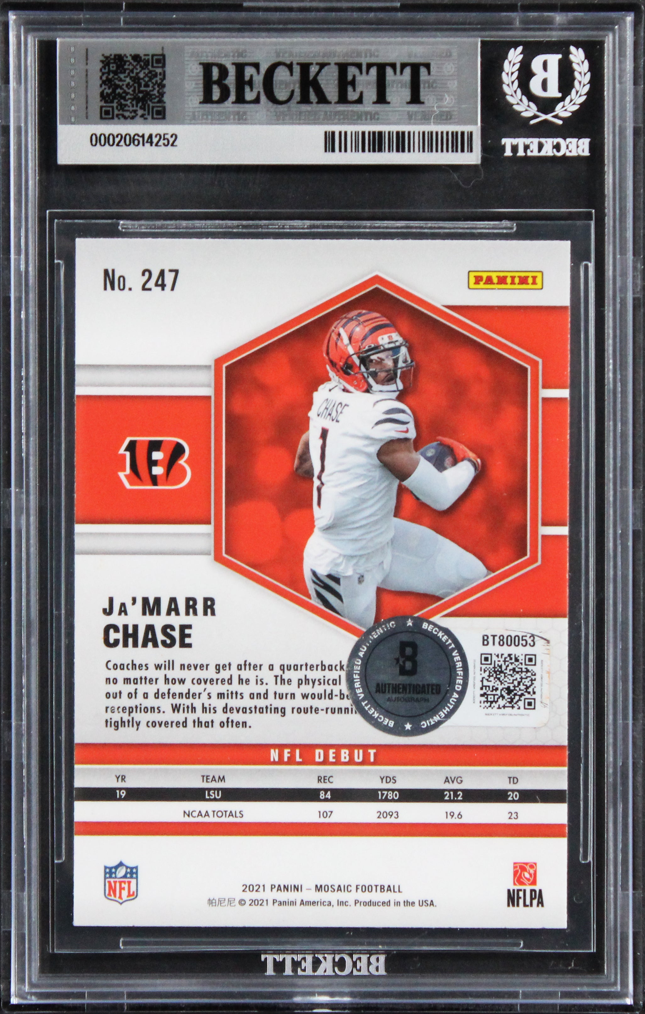 Bengals Ja'Marr Chase Signed 2021 Panini Mosaic #247 Rookie Card BAS Slabbed