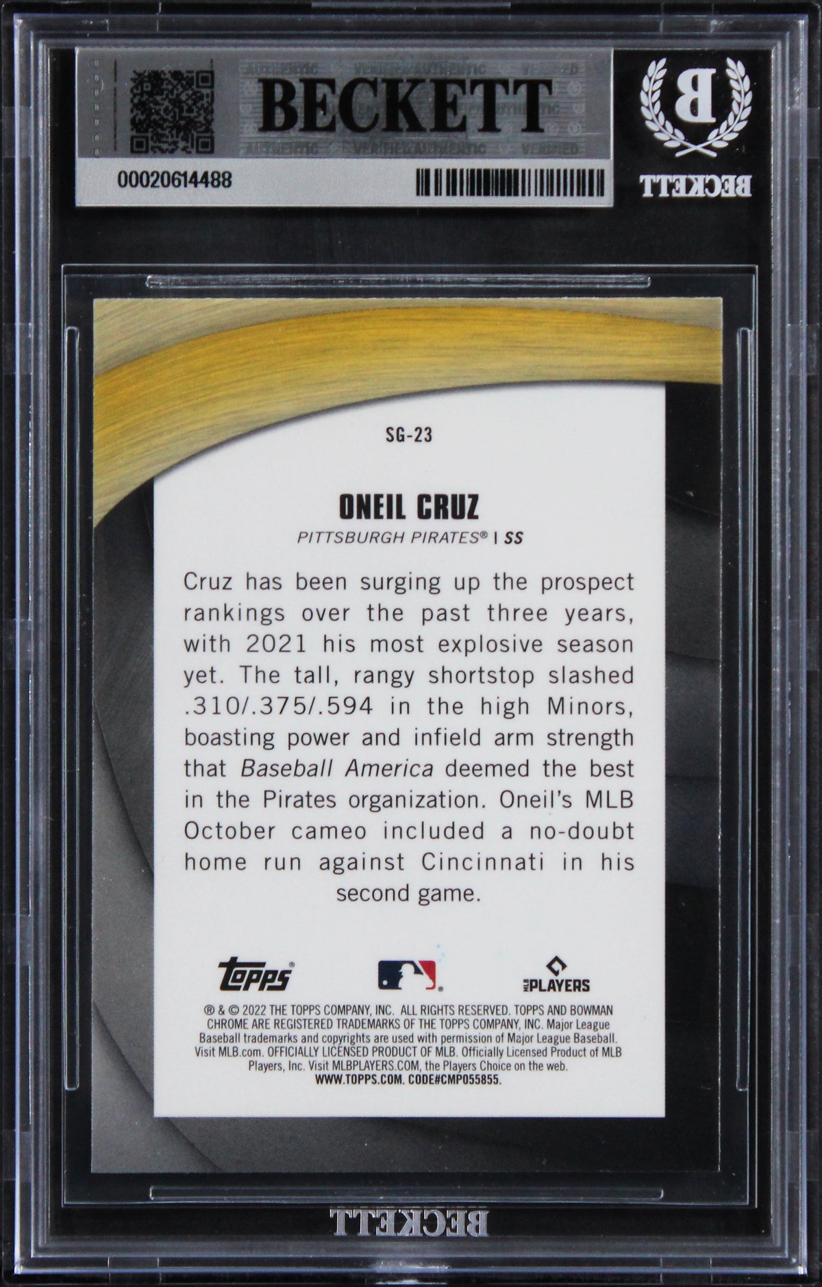 Pirates Oneil Cruz Signed 2022 Bowman Chrome SOG #SG23 Rookie Card BAS Slabbed