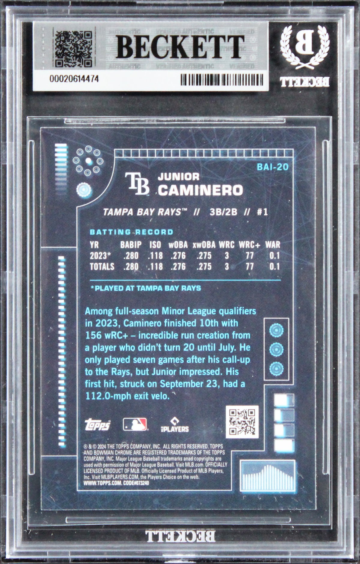 Rays Junior Caminero Signed 2024 Bowman Chrome AI #BAI20 Rookie Card BAS Slabbed