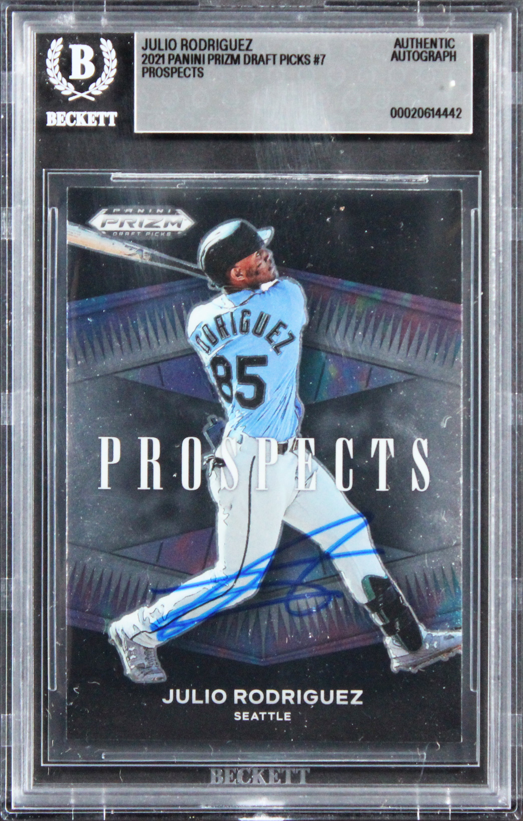 Mariners Julio Rodriguez Signed 2021 Panini Prizm Draft Picks #7 Card BAS Slab