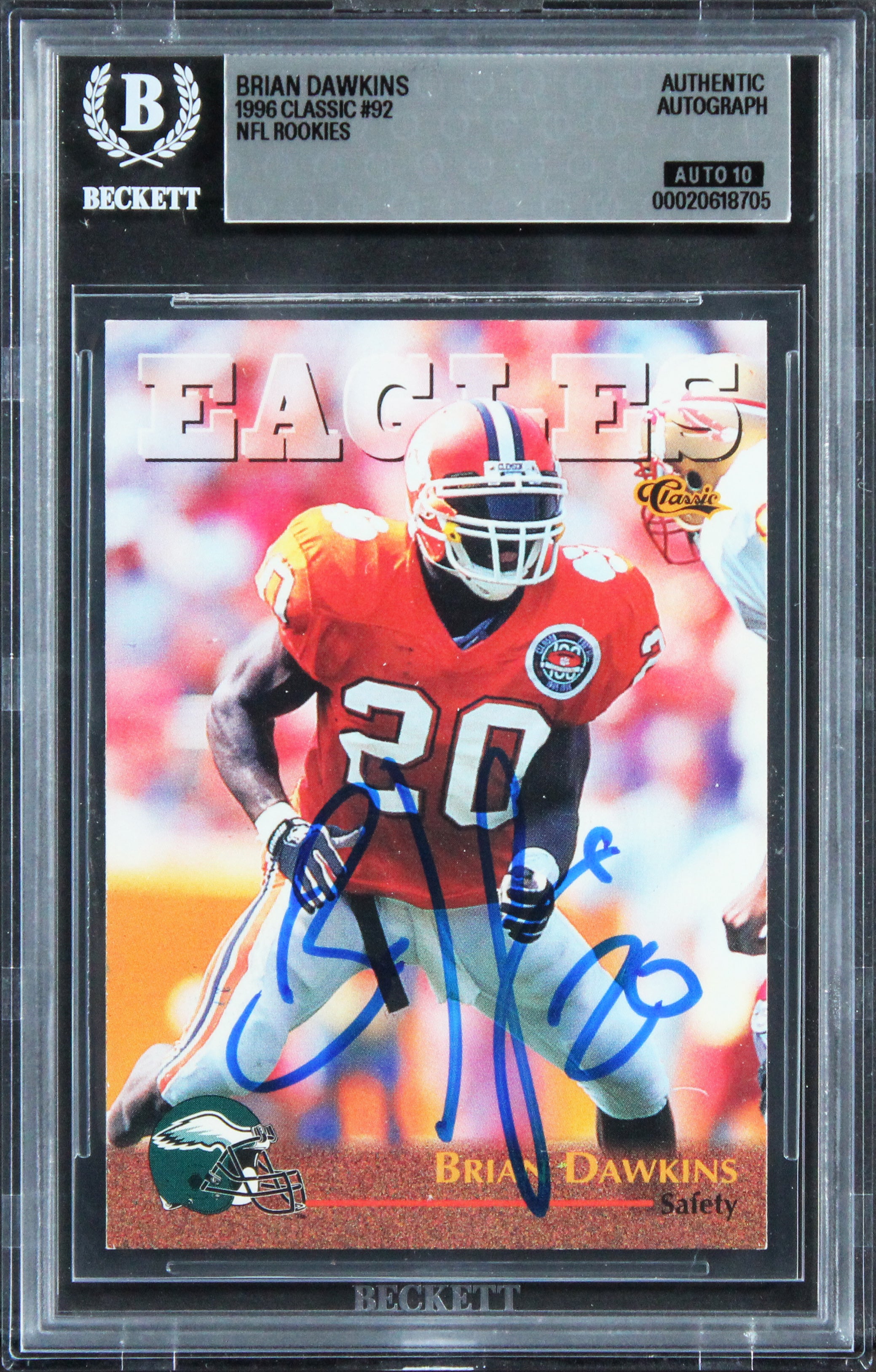 Eagles Brian Dawkins Signed 1996 Classic NFL Rookies #92 Rookie Card BAS Slabbed