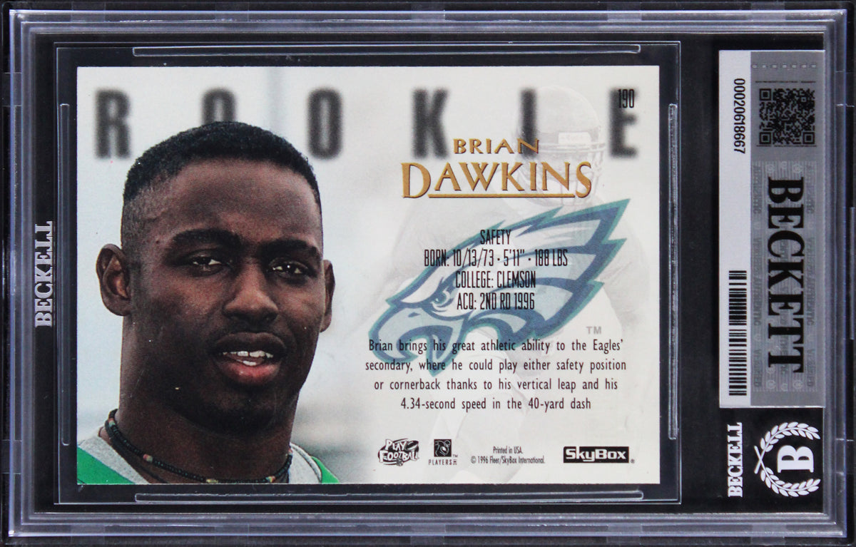 Eagles Brian Dawkins Signed 1996 Skybox Premium #190 RC Card Auto 10! BAS Slab