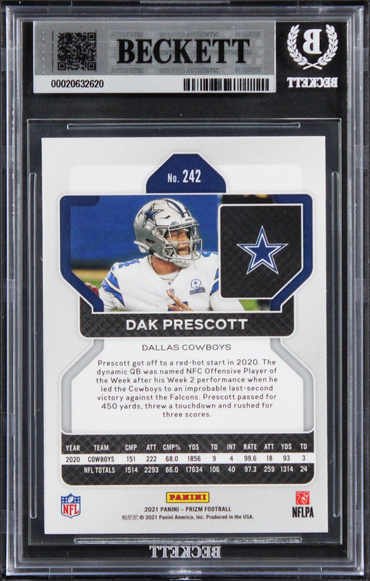Cowboys Dak Prescott Signed 2021 Panini Prizm #242 Card Auto GM 10! BAS Slabbed