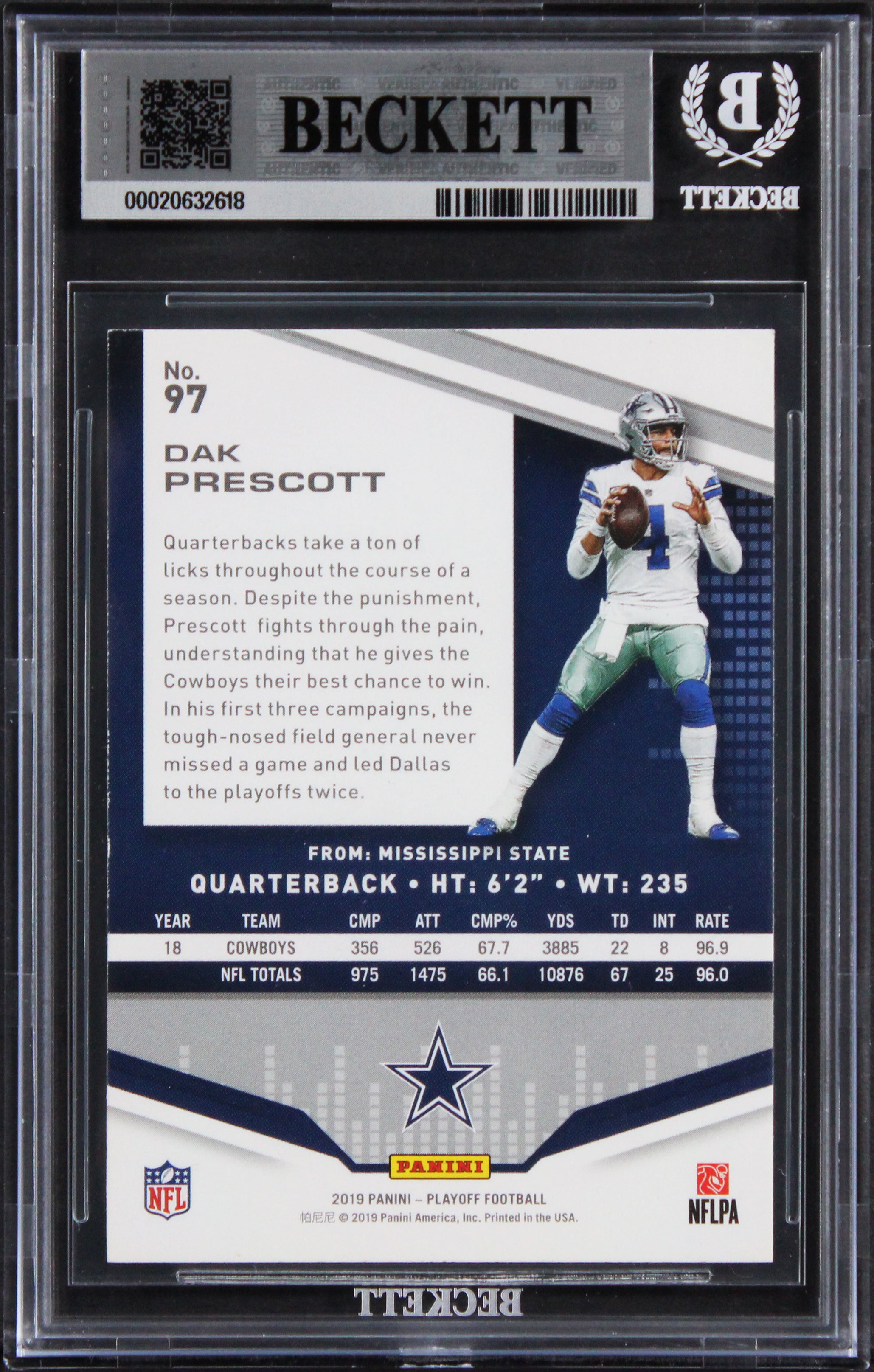 Cowboys Dak Prescott Signed 2019 Playoff #97 Card Auto Grade GM 10! BAS Slabbed