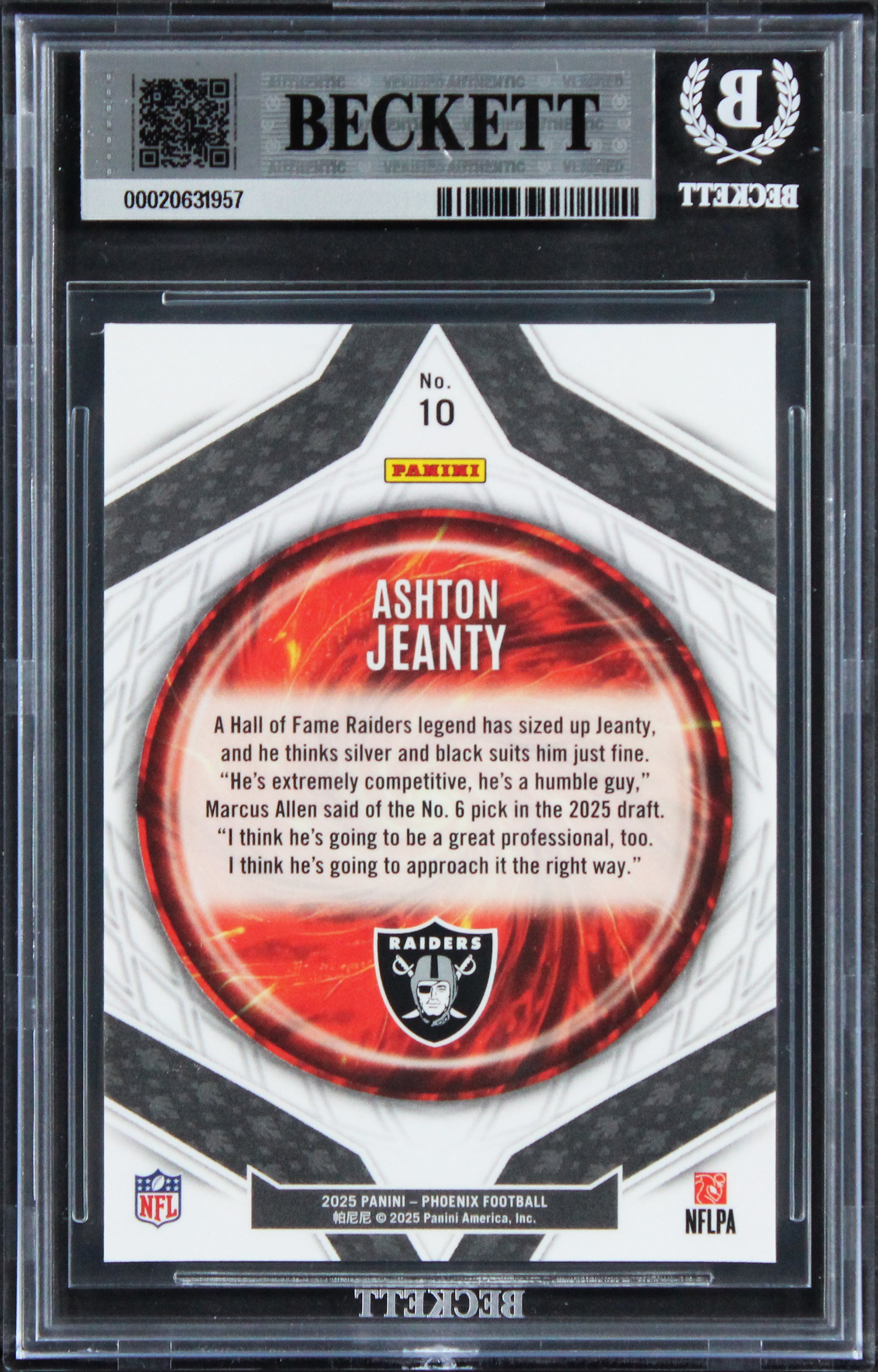 Raiders Ashton Jeanty Signed 2025 Panini Phoenix #10 RC Card Auto 10! BAS Slab