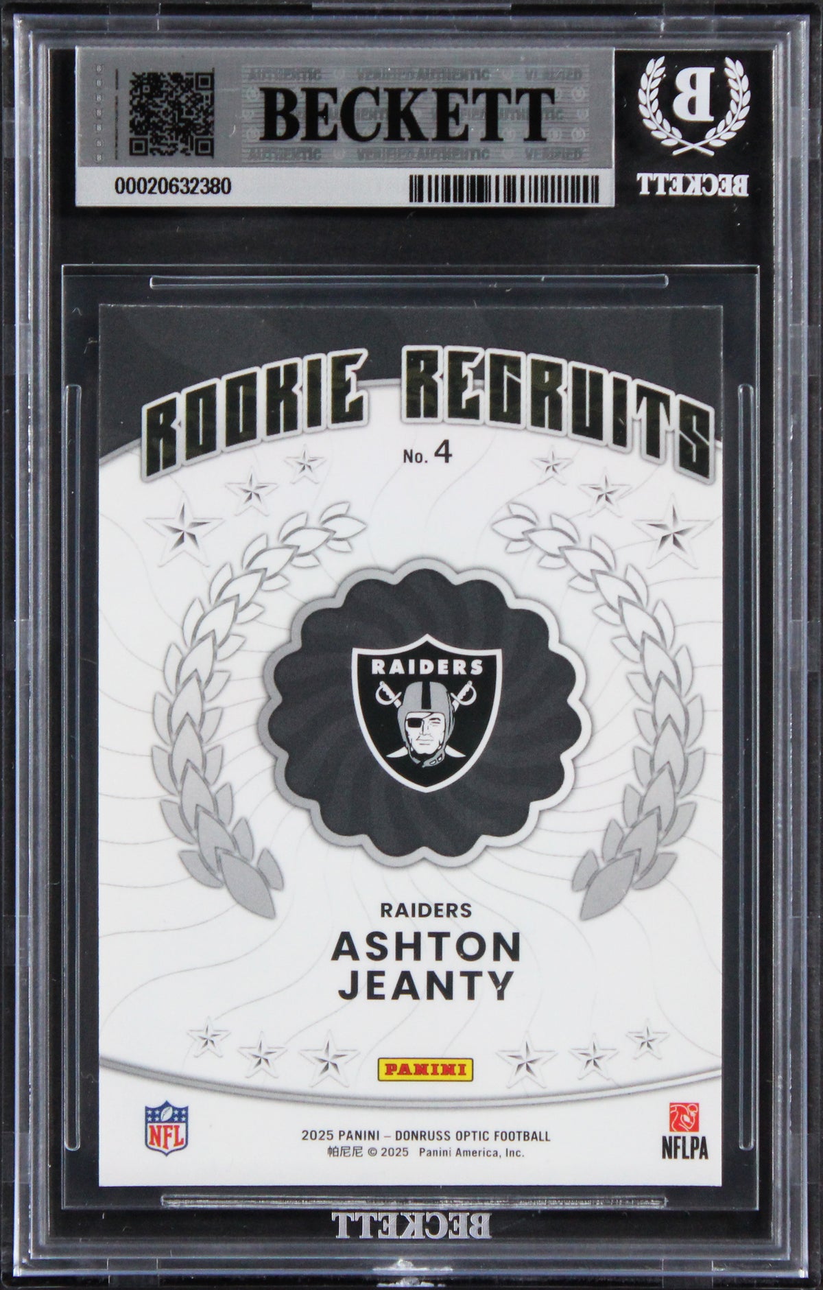 Raiders Ashton Jeanty Signed 2025 Donruss Optic #4 RC Card Auto 10! BAS Slabbed