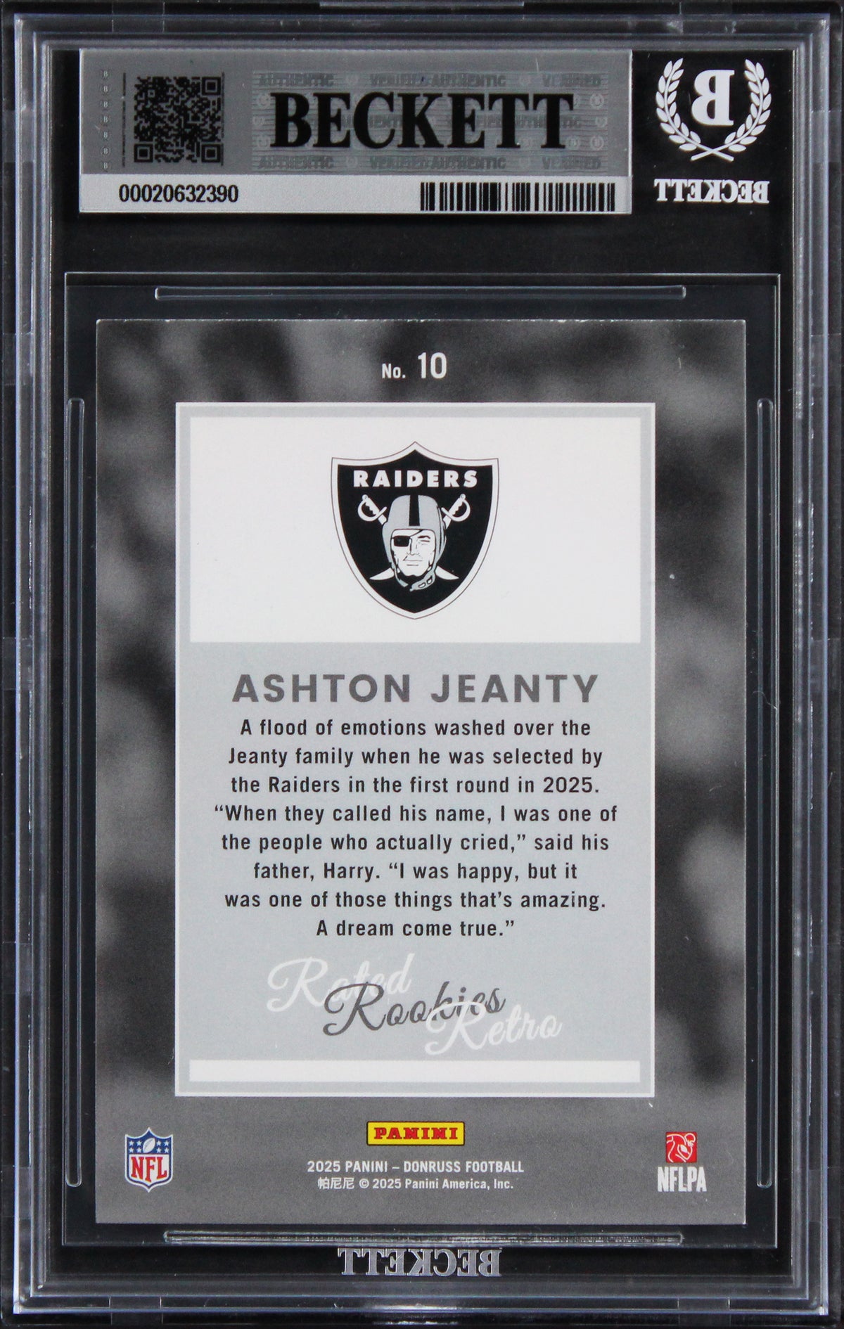 Raiders Ashton Jeanty Signed 2025 Donruss #10 Rookie Card Auto 10! BAS Slabbed