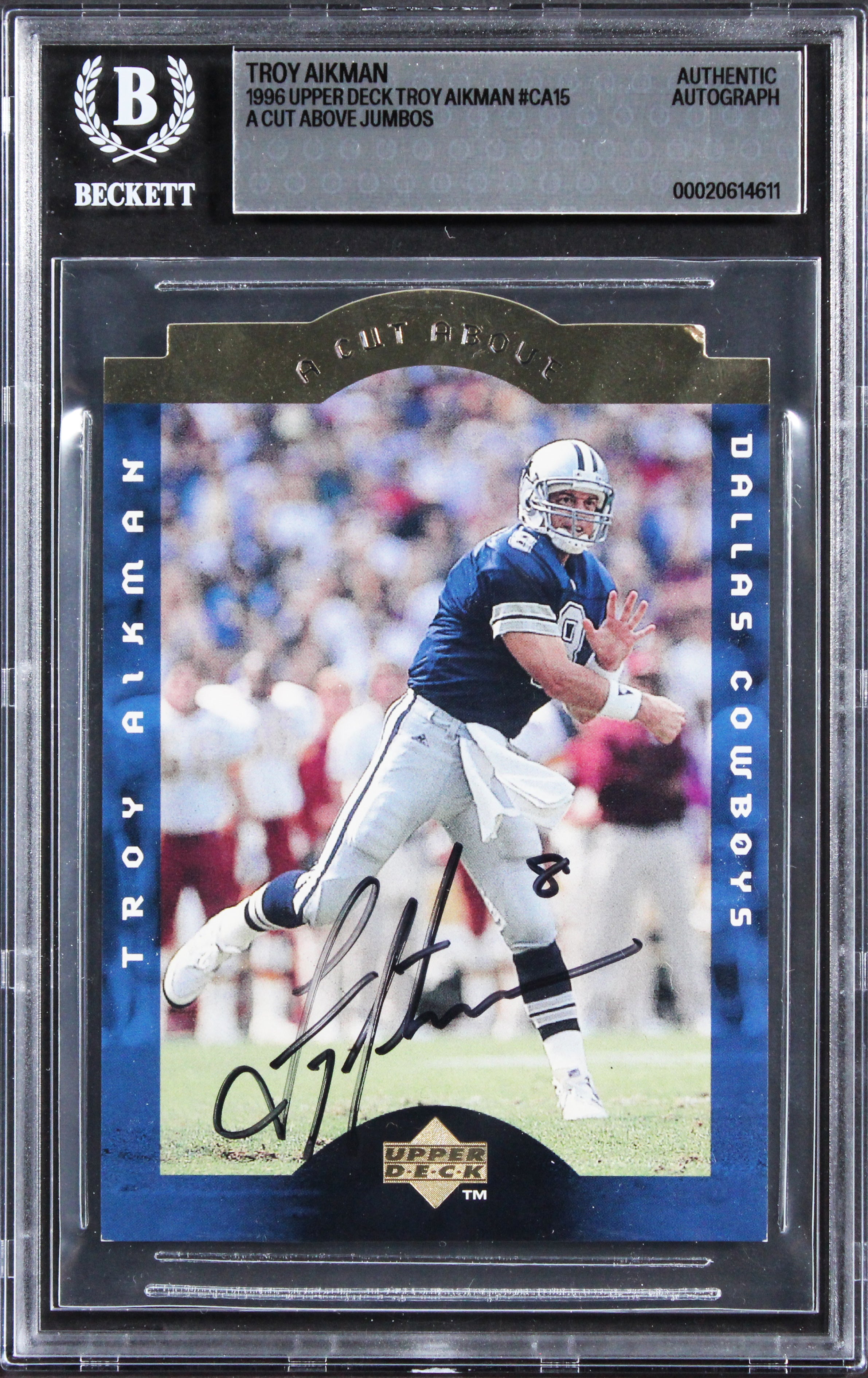 Cowboys Troy Aikman Signed 1996 Upper Deck Jumbos #CA15 5x7 Card BAS Slabbed