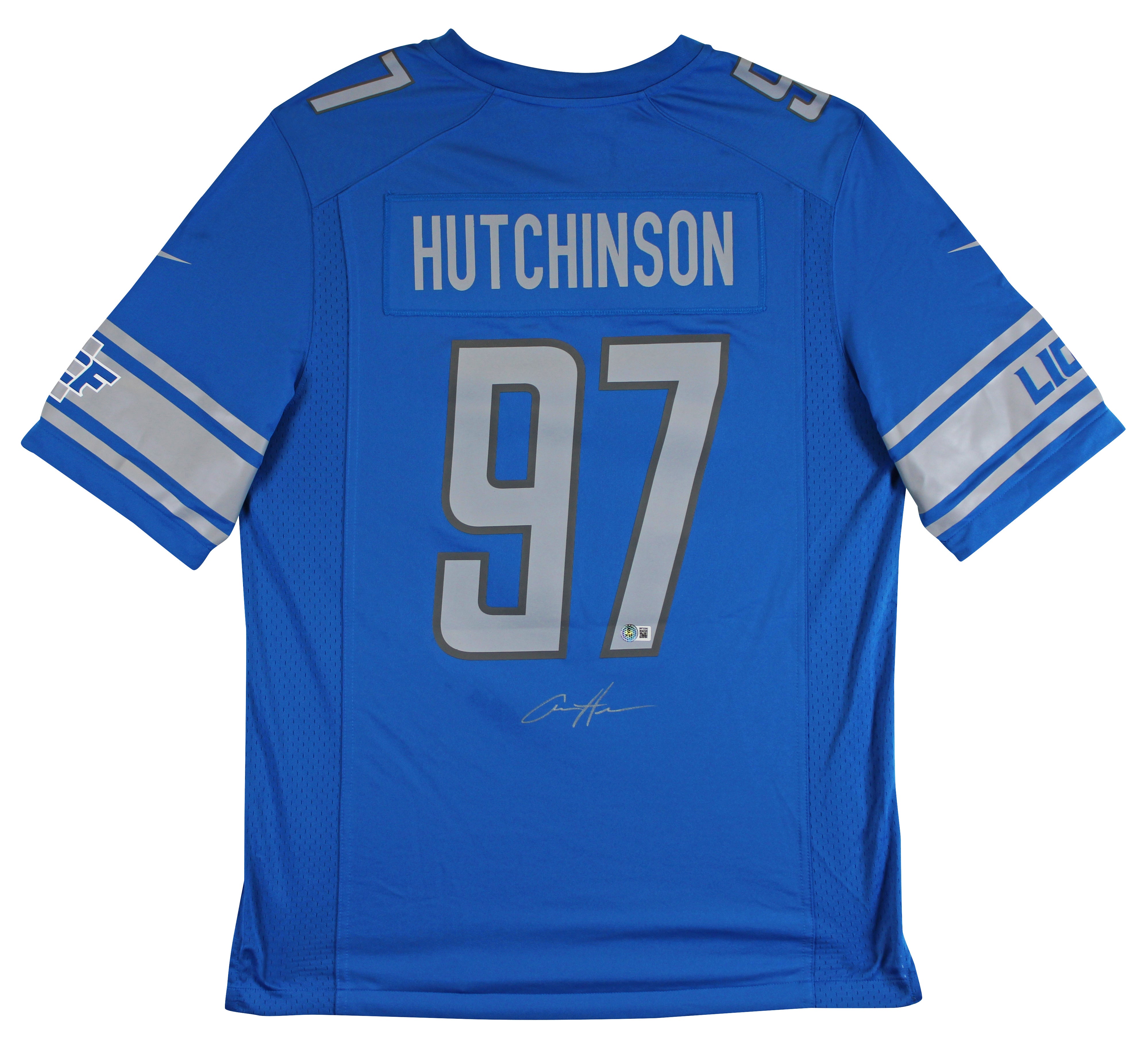 Lions Aidan Hutchinson Signed Blue Nike Game Jersey w/ Silver Sig BAS Witnessed