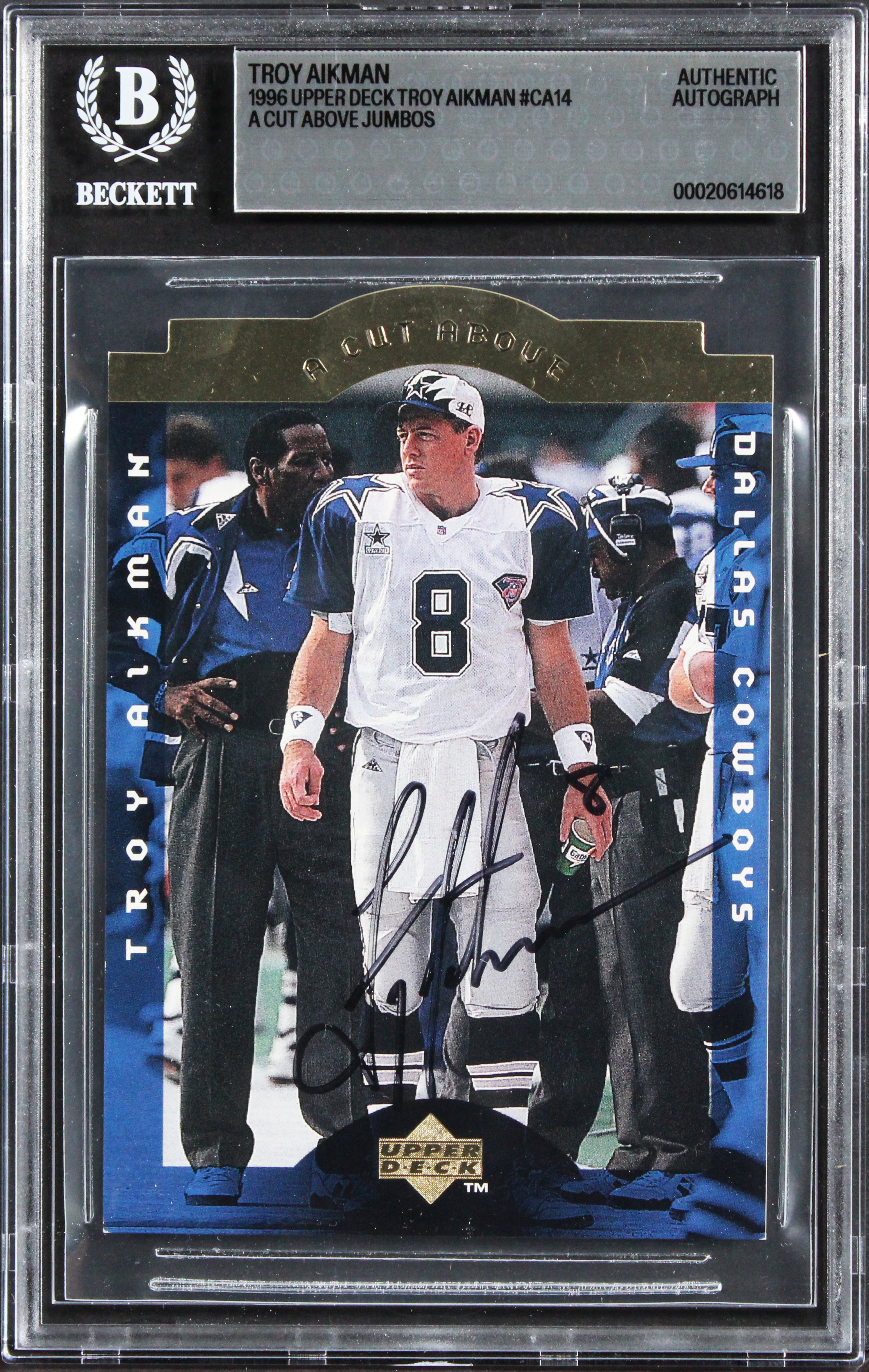 Cowboys Troy Aikman Signed 1996 Upper Deck Jumbos #CA14 5x7 Card BAS Slabbed