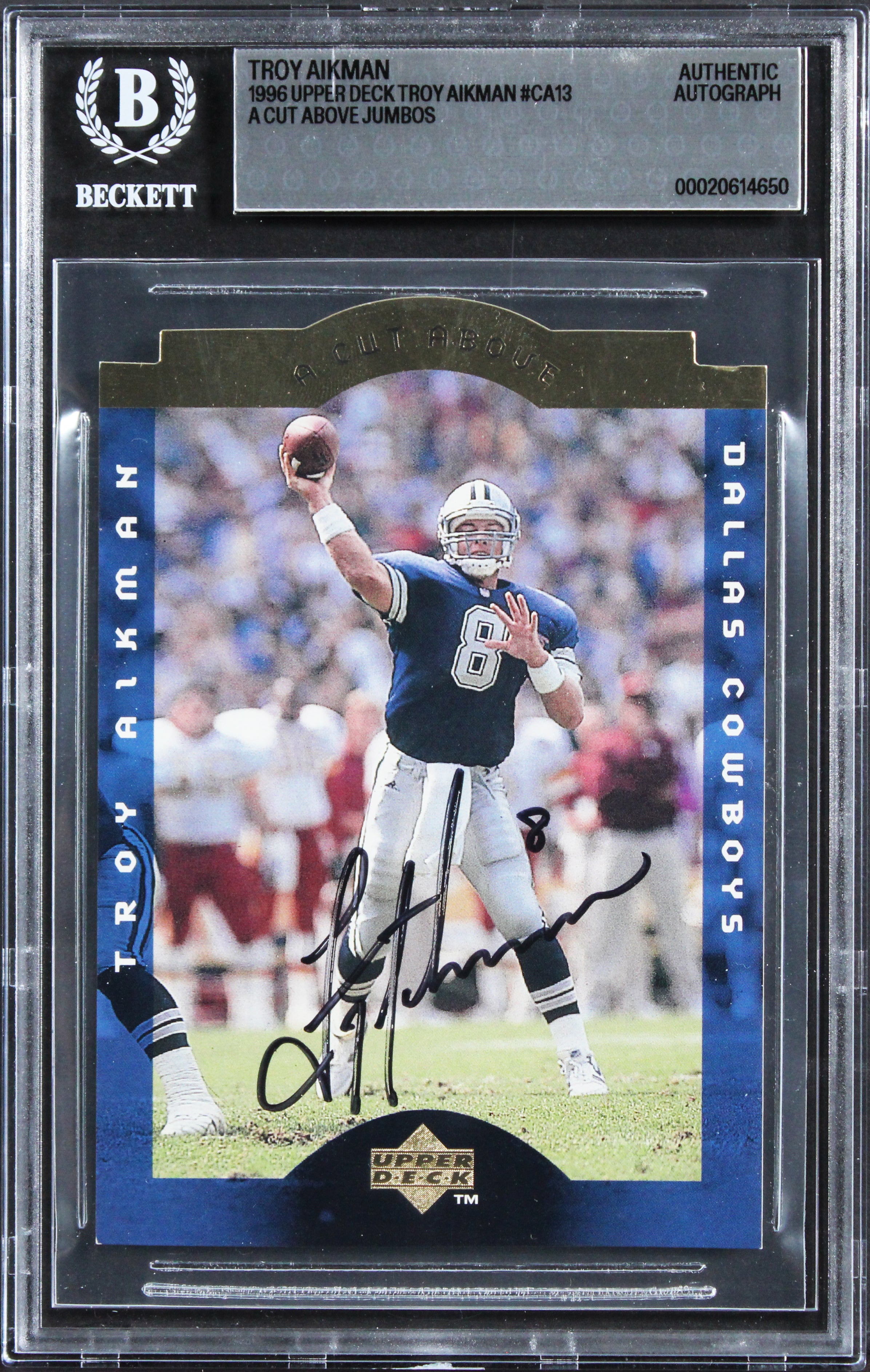 Cowboys Troy Aikman Signed 1996 Upper Deck Jumbos #CA13 5x7 Card BAS Slabbed