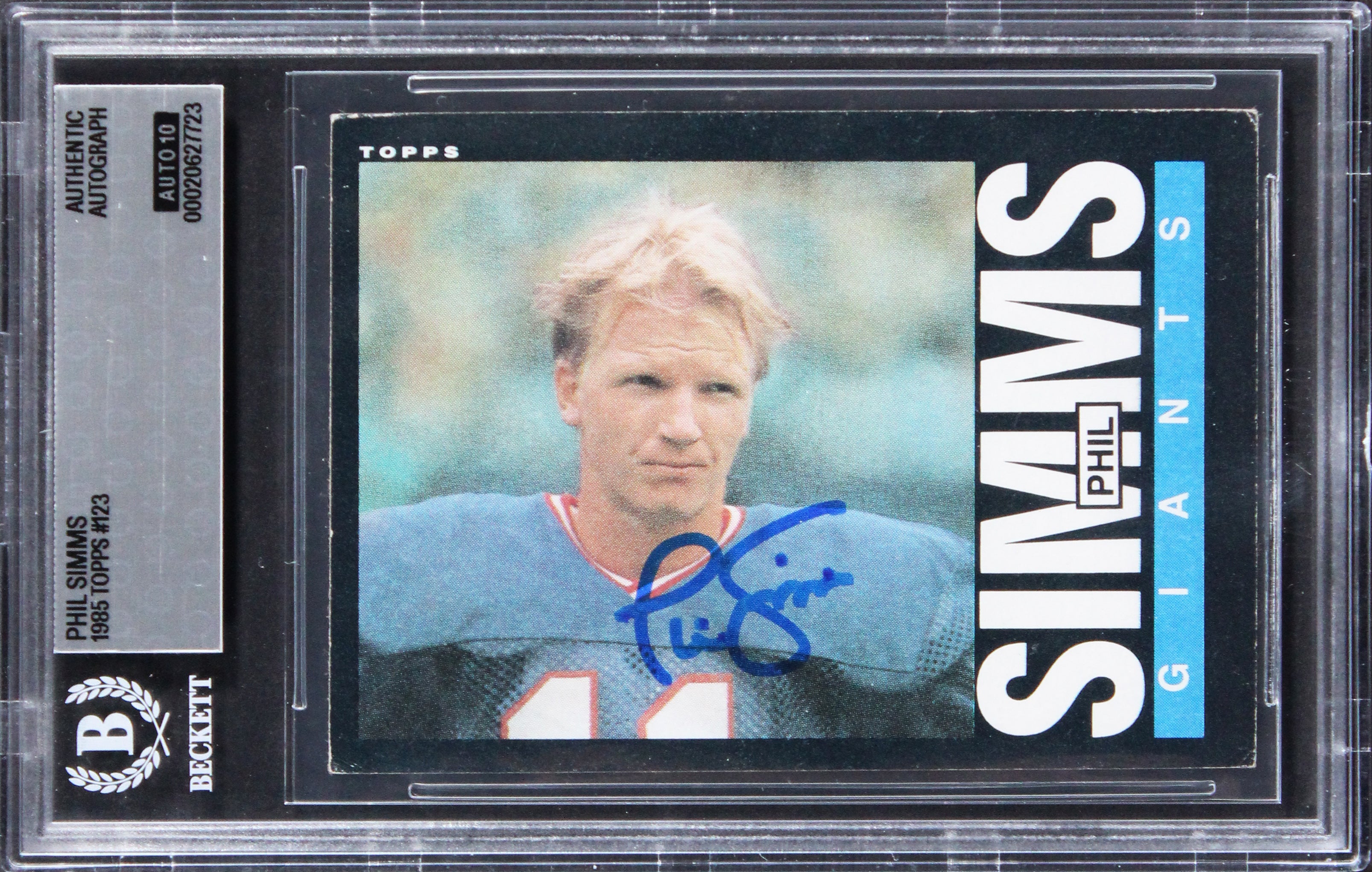 Giants Phil Simms Signed 1985 Topps #123 Card Auto Grade Gem Mint 10! BAS Slab