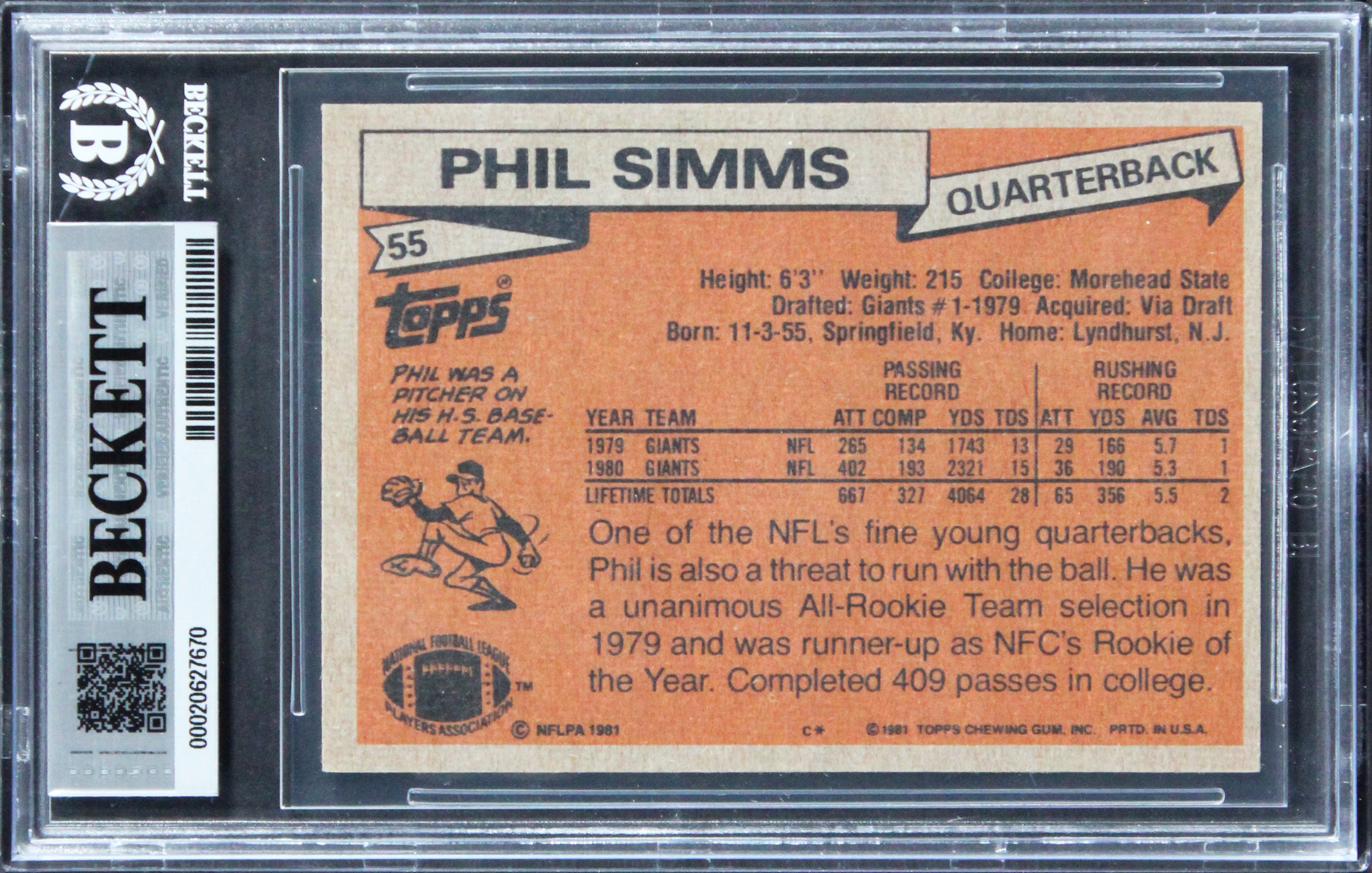 Giants Phil Simms Signed 1981 Topps #55 Card Auto Grade Gem Mint 10! BAS Slabbed