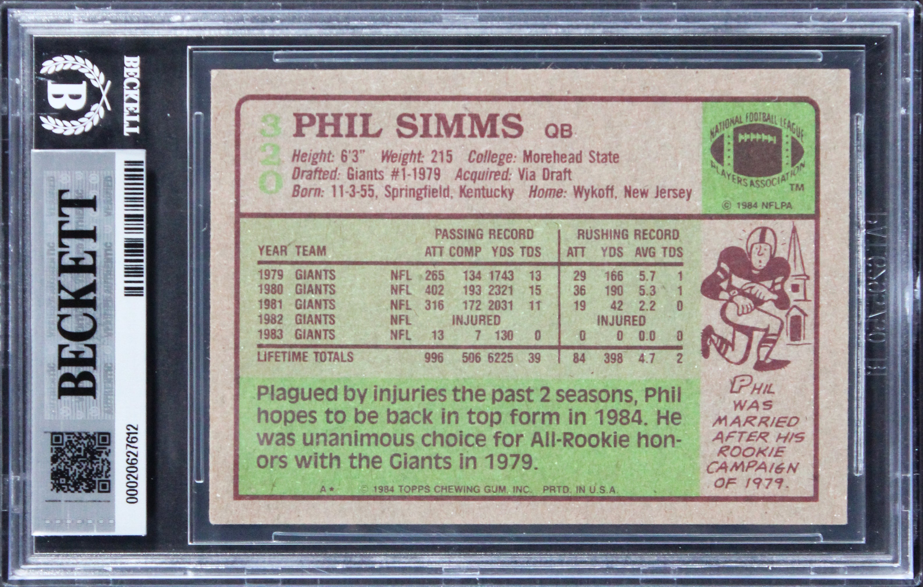 Giants Phil Simms Signed 1984 Topps #320 Card Auto Grade Gem Mint 10! BAS Slab