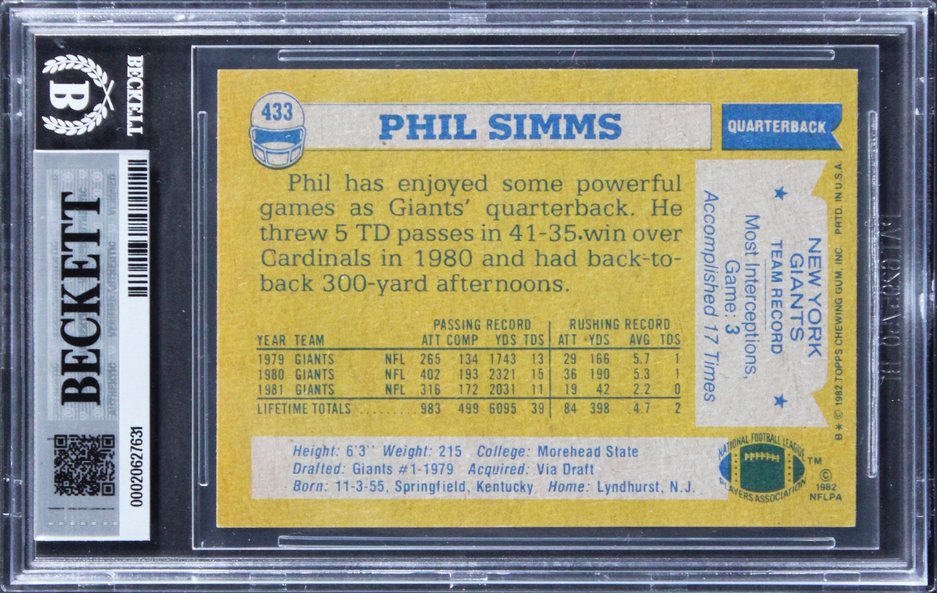 Giants Phil Simms Signed 1982 Topps #433 Card Auto Grade Gem Mint 10! BAS Slab