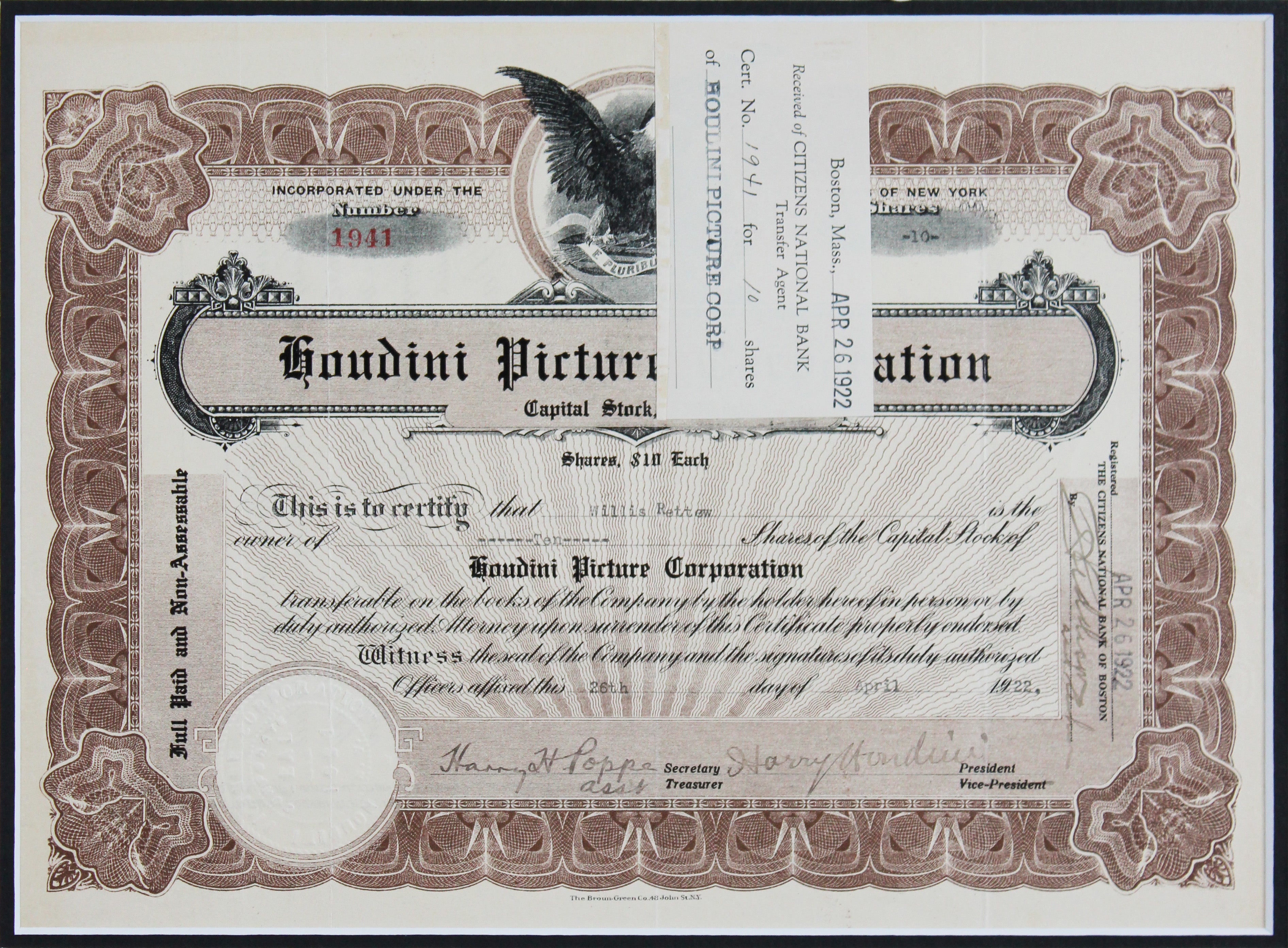 Harry Houdini Signed & Framed 1922 Houdini Picture Corp. Stock Certificate BAS