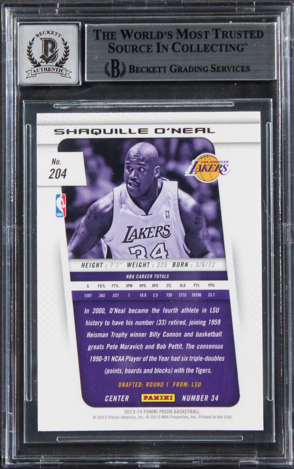 Lakers Shaquille O'Neal Signed 2013 Panini Prizm #204 Card Auto 10! BAS Slabbed