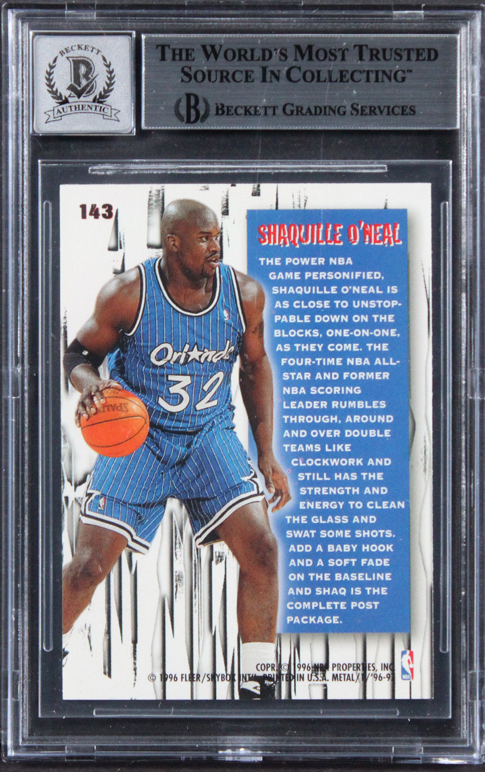 Magic Shaquille O'Neal Signed 1996 Metal #143 Card Auto Grade 10! BAS Slabbed