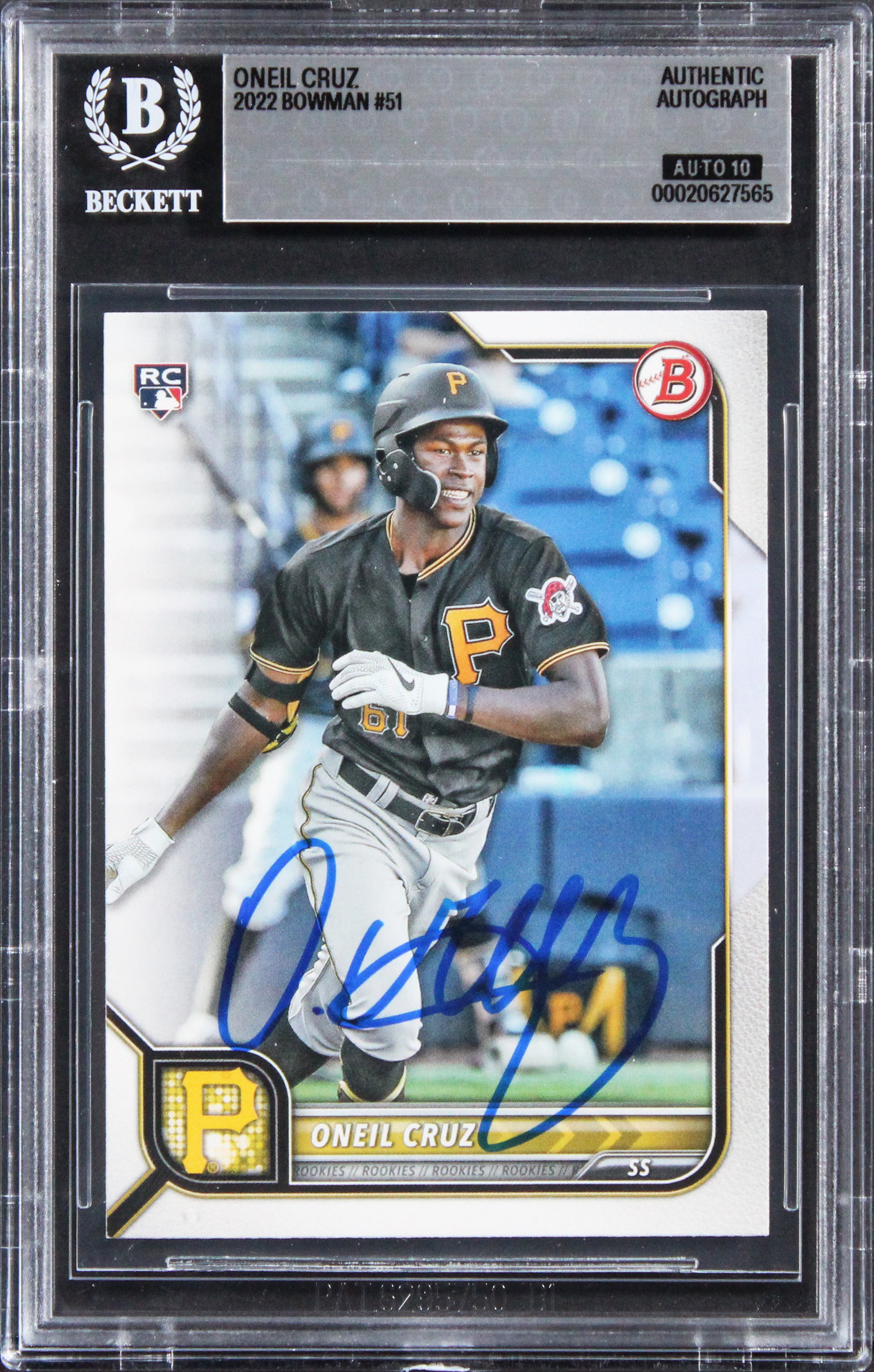 Pirates Oneil Cruz Signed 2022 Bowman #51 Rookie Card Auto GM 10! BAS Slabbed