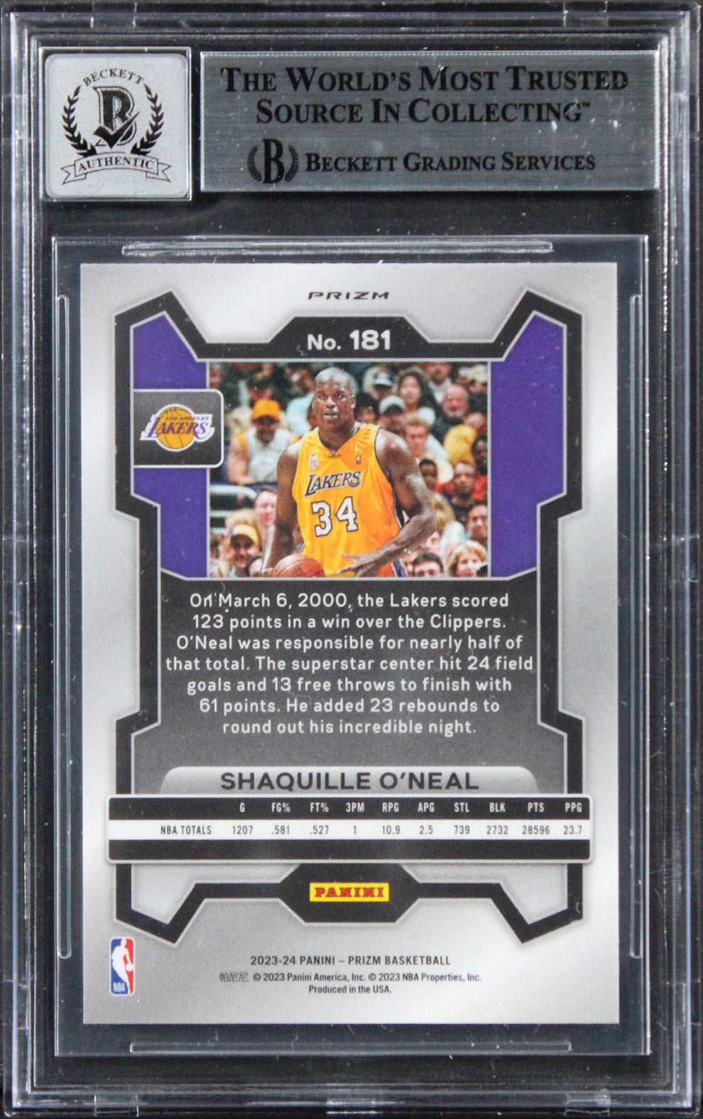 Shaquille O'Neal Signed 2023 Panini Prizm Silver #181 Card Auto 10! BAS Slabbed