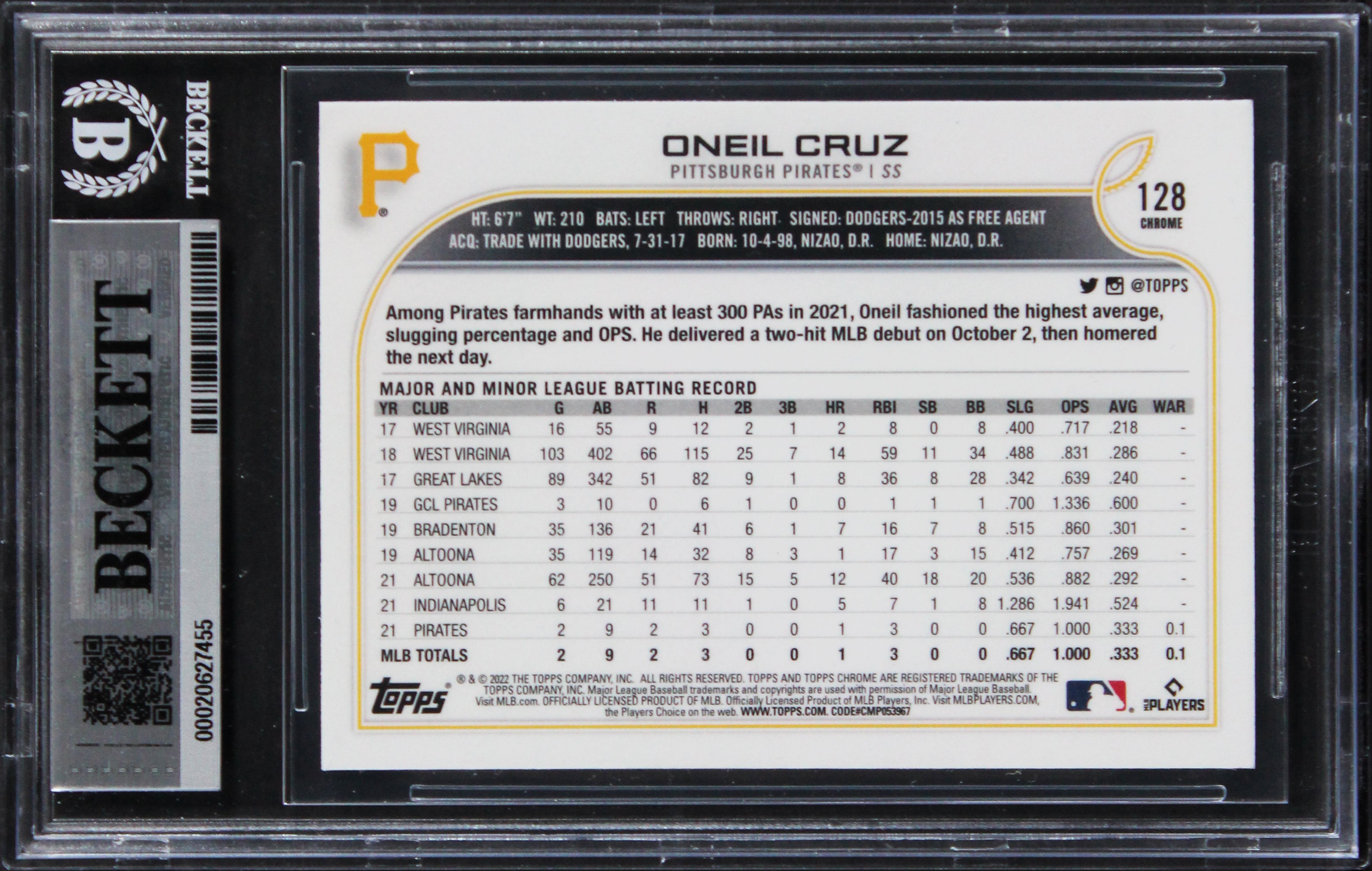 Pirates Oneil Cruz Signed 2022 Topps Chrome #128 Rookie Card Auto 10! BAS Slab