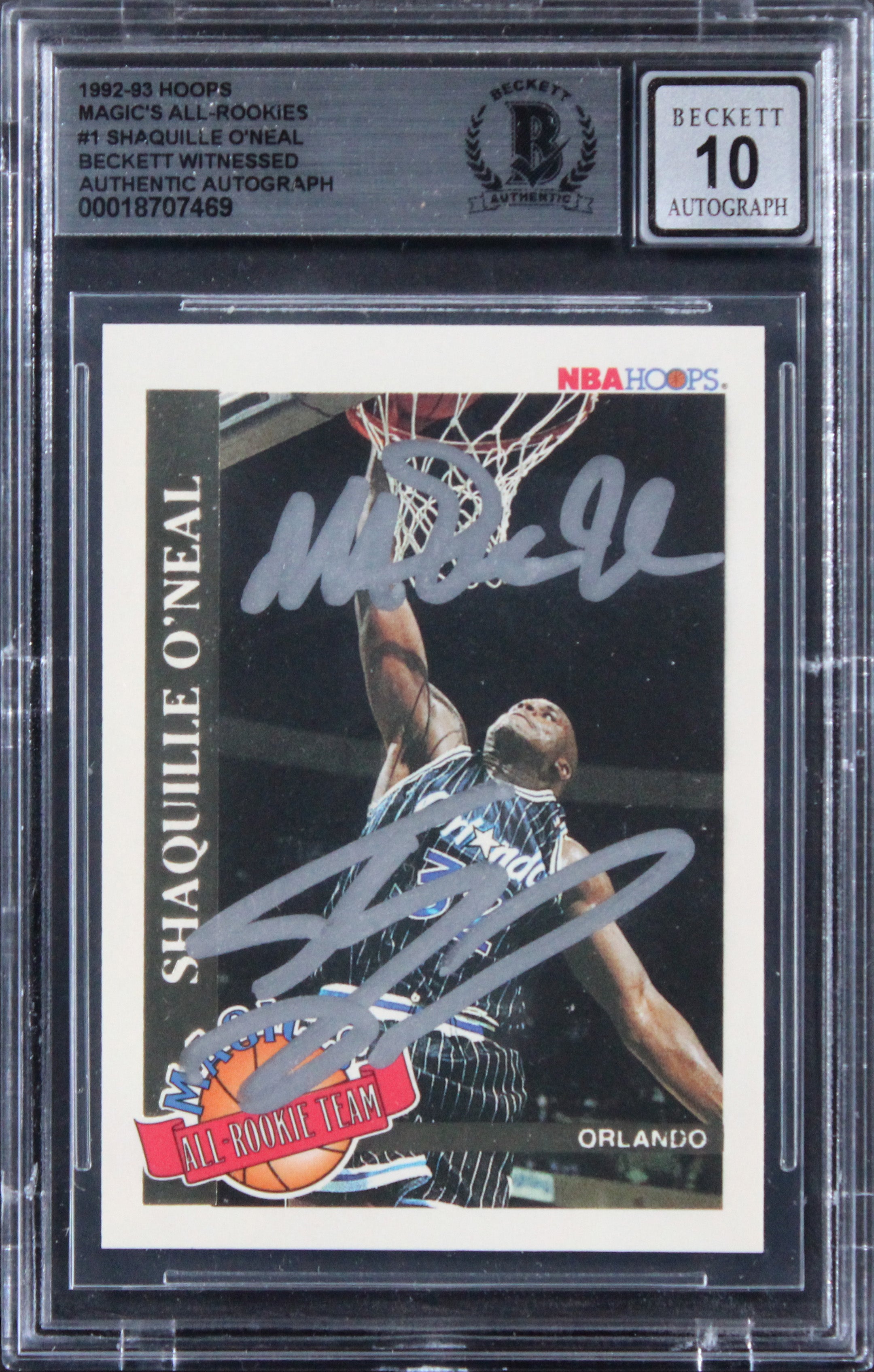 Shaq & Magic Signed 1992 Hoops Magic's All-Rookies #1 RC Card Auto 10! BAS Slab