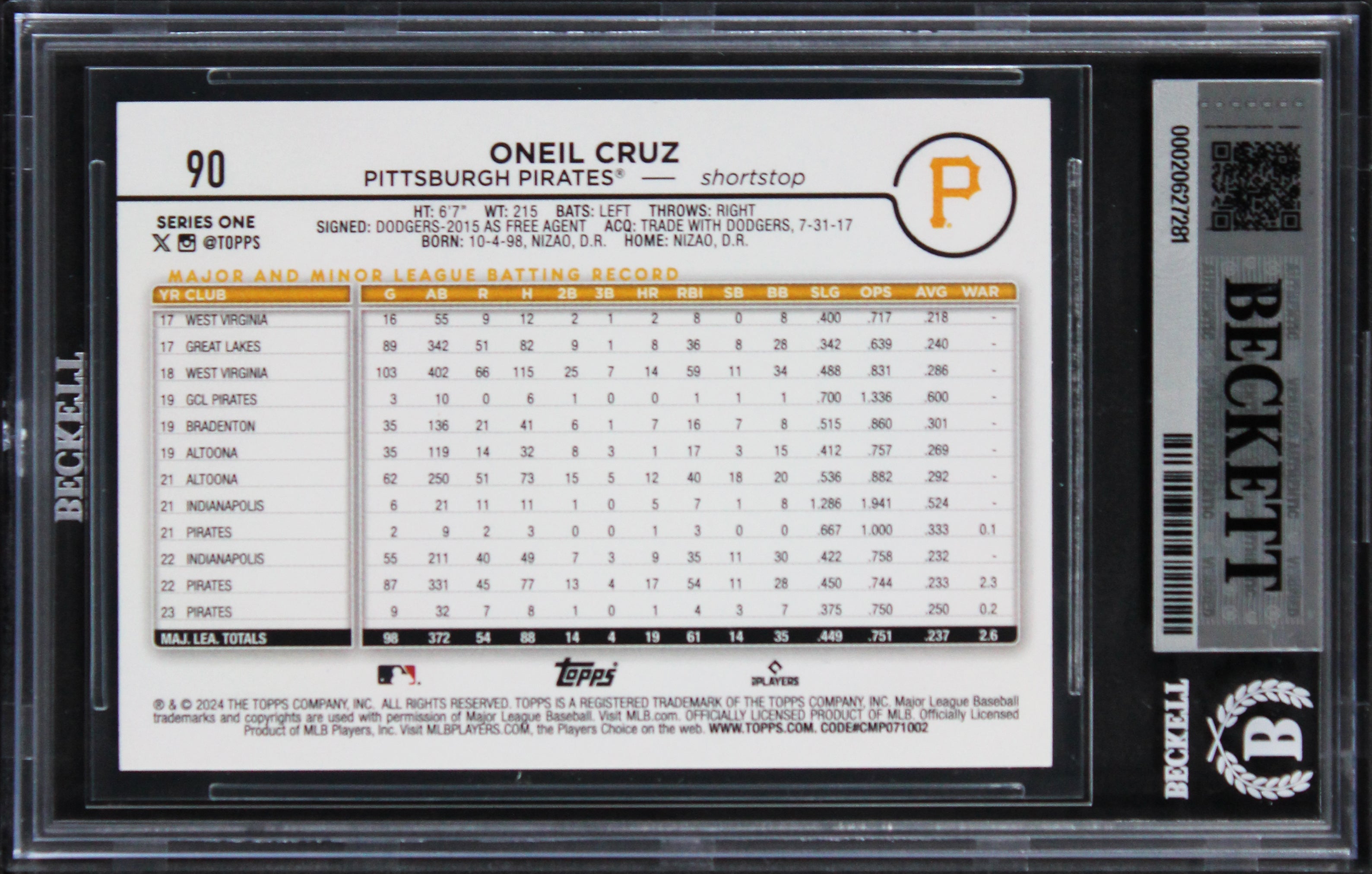 Pirates Oneil Cruz Signed 2024 Topps Chrome Rainbow #90 Card Auto 10! BAS Slab