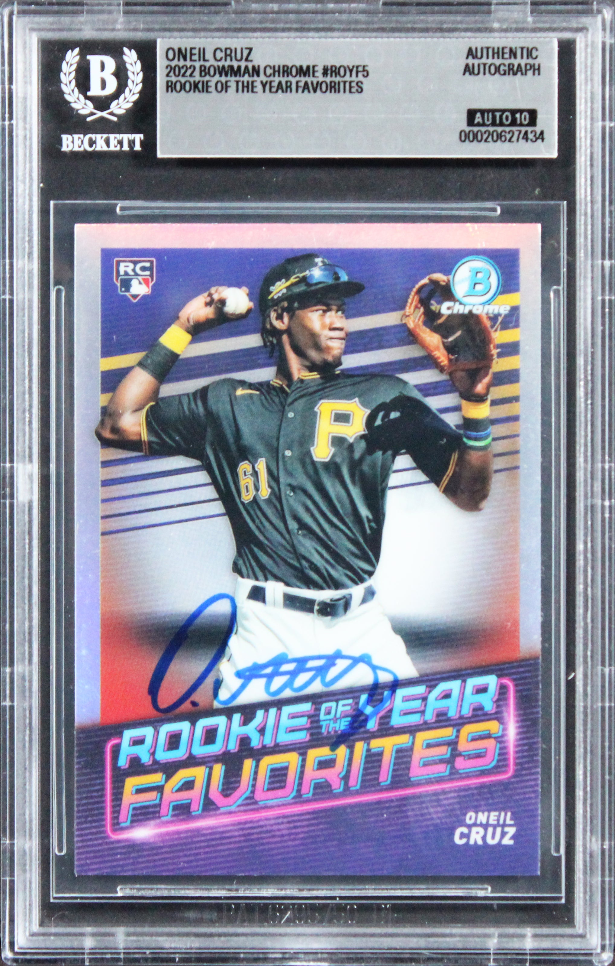 Pirates Oneil Cruz Signed 2022 Bowman Chrome #ROYF5 RC Card Auto 10! BAS Slab