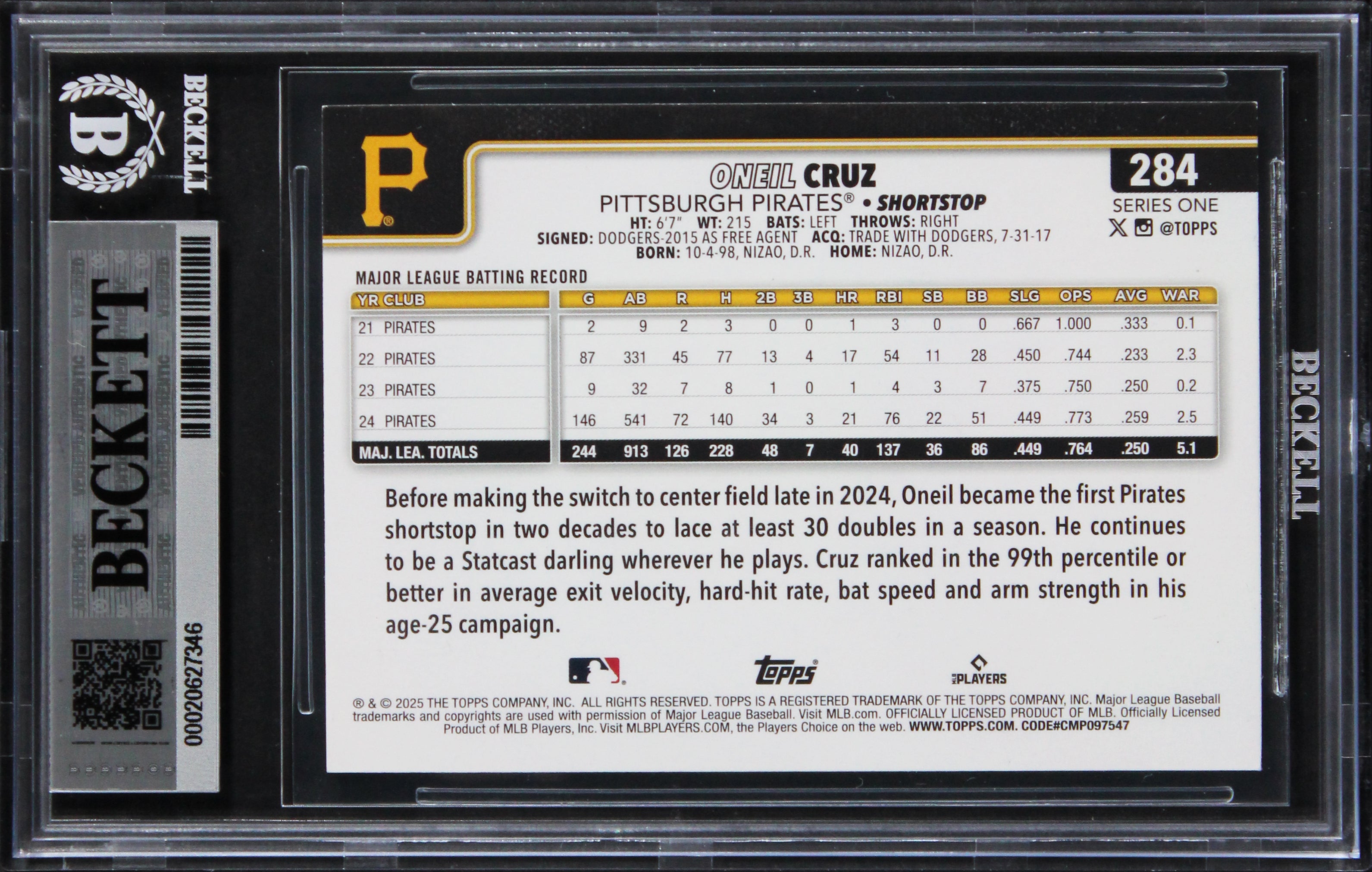 Pirates Oneil Cruz Signed 2025 Topps Celebration #284 Card Auto 10! BAS Slabbed