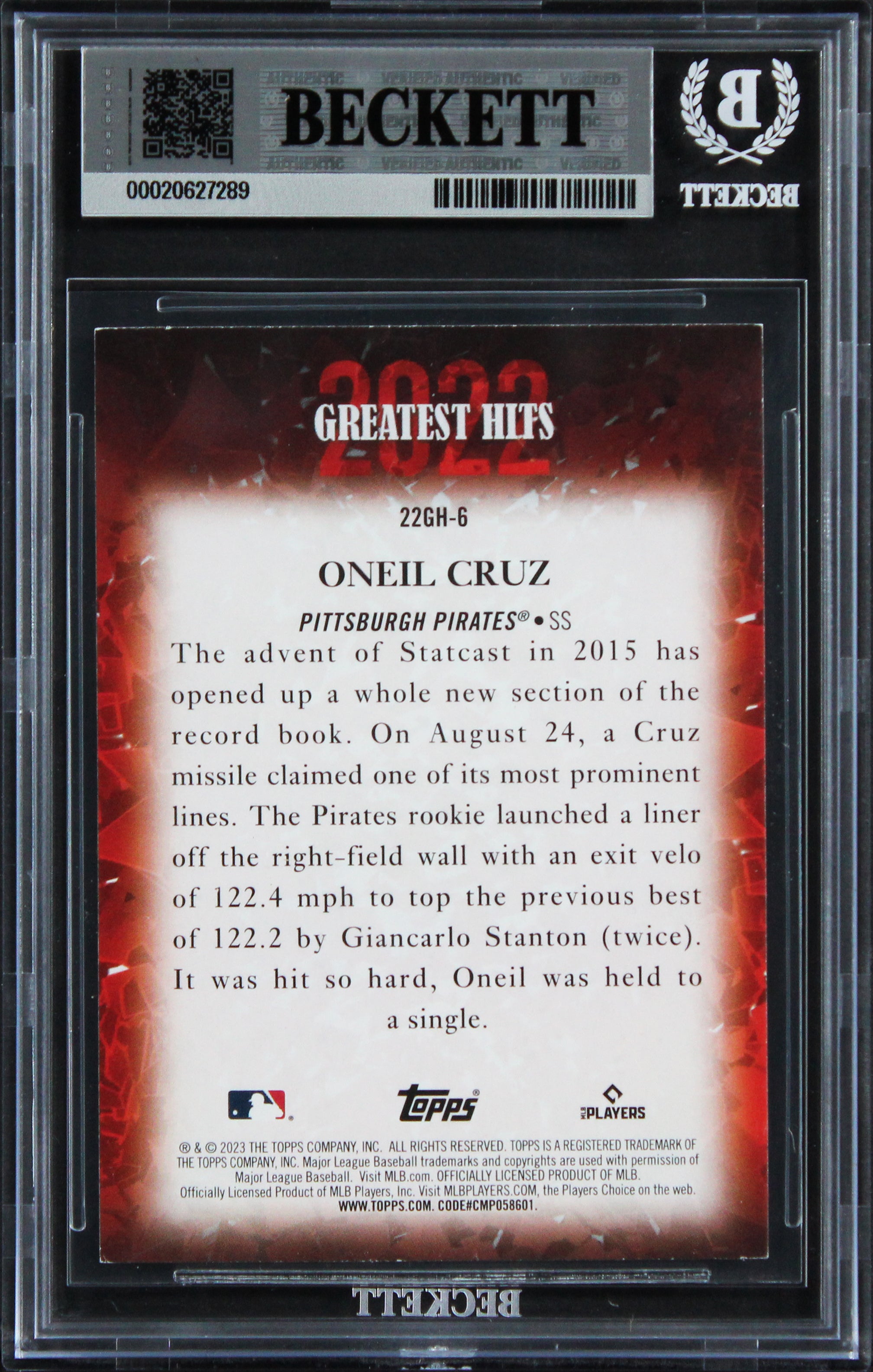 Pirates Oneil Cruz Signed 2023 Topps #22GH6 Card Auto Grade GM 10! BAS Slabbed