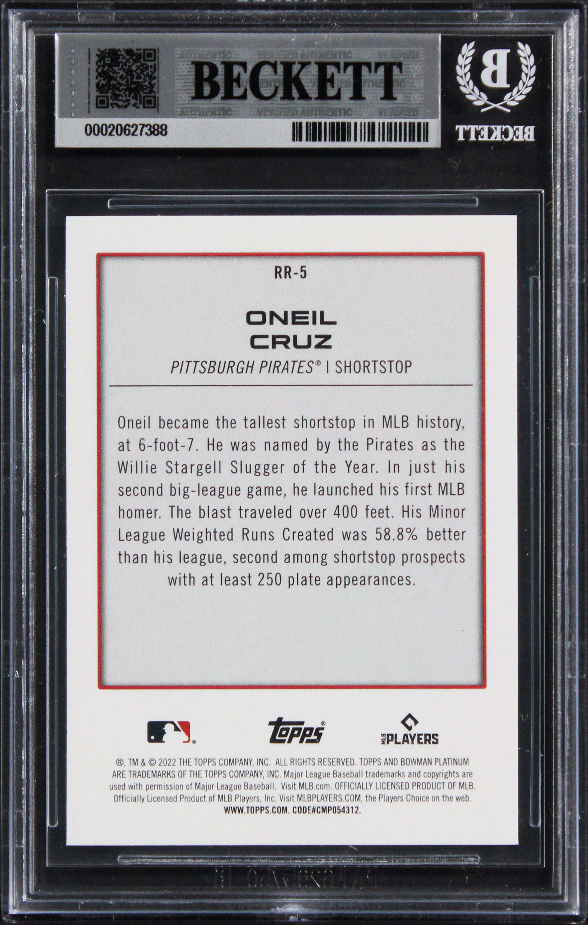 Pirates Oneil Cruz Signed 2022 Bowman #RR5 Rookie Card Auto GM 10! BAS Slabbed
