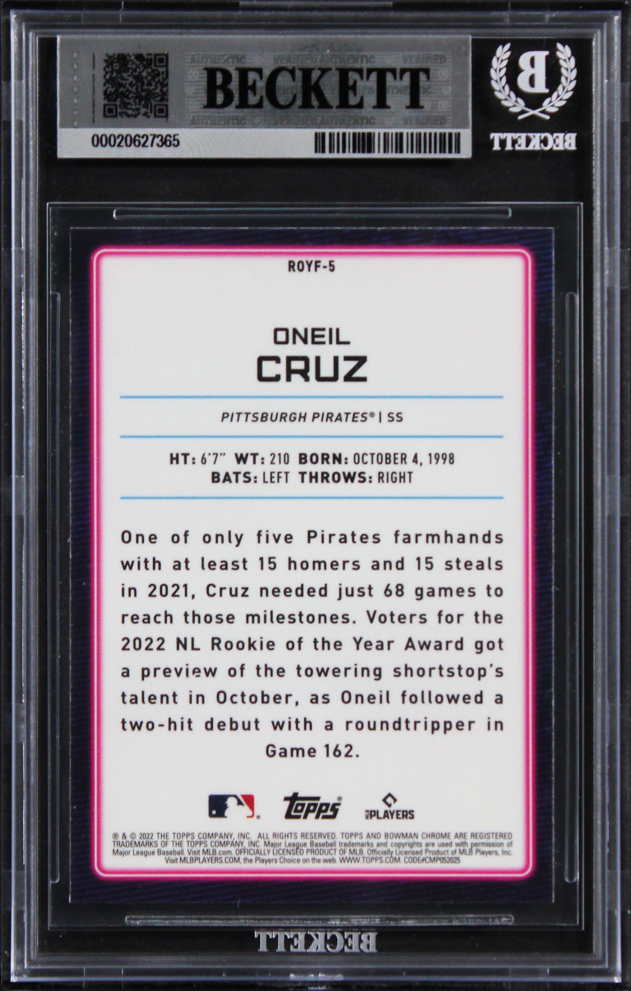 Pirates Oneil Cruz Signed 2022 Bowman Chrome #ROYF5 RC Card Auto 10! BAS Slab