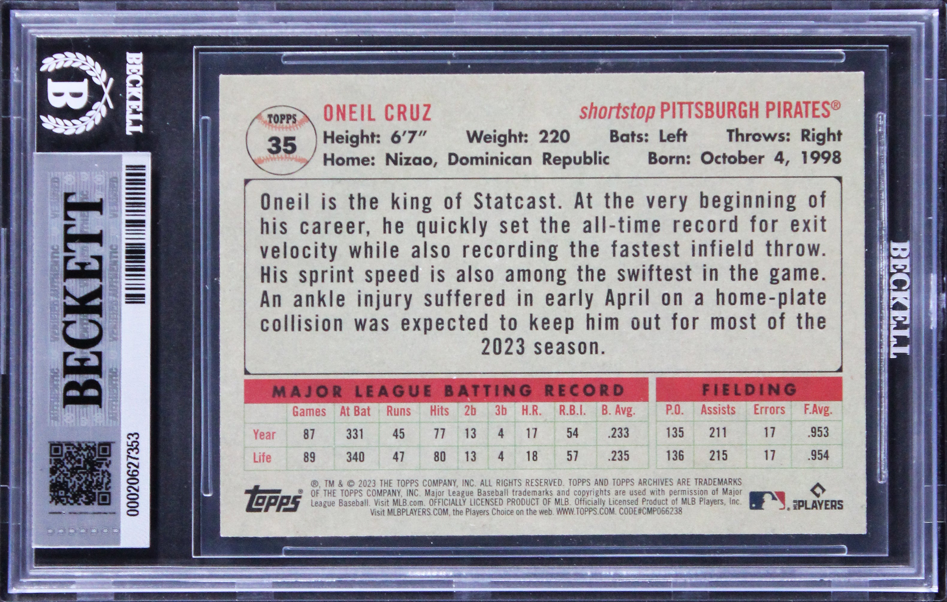 Pirates Oneil Cruz Signed 2023 Topps Archives #35 Card Auto GM 10! BAS Slabbed