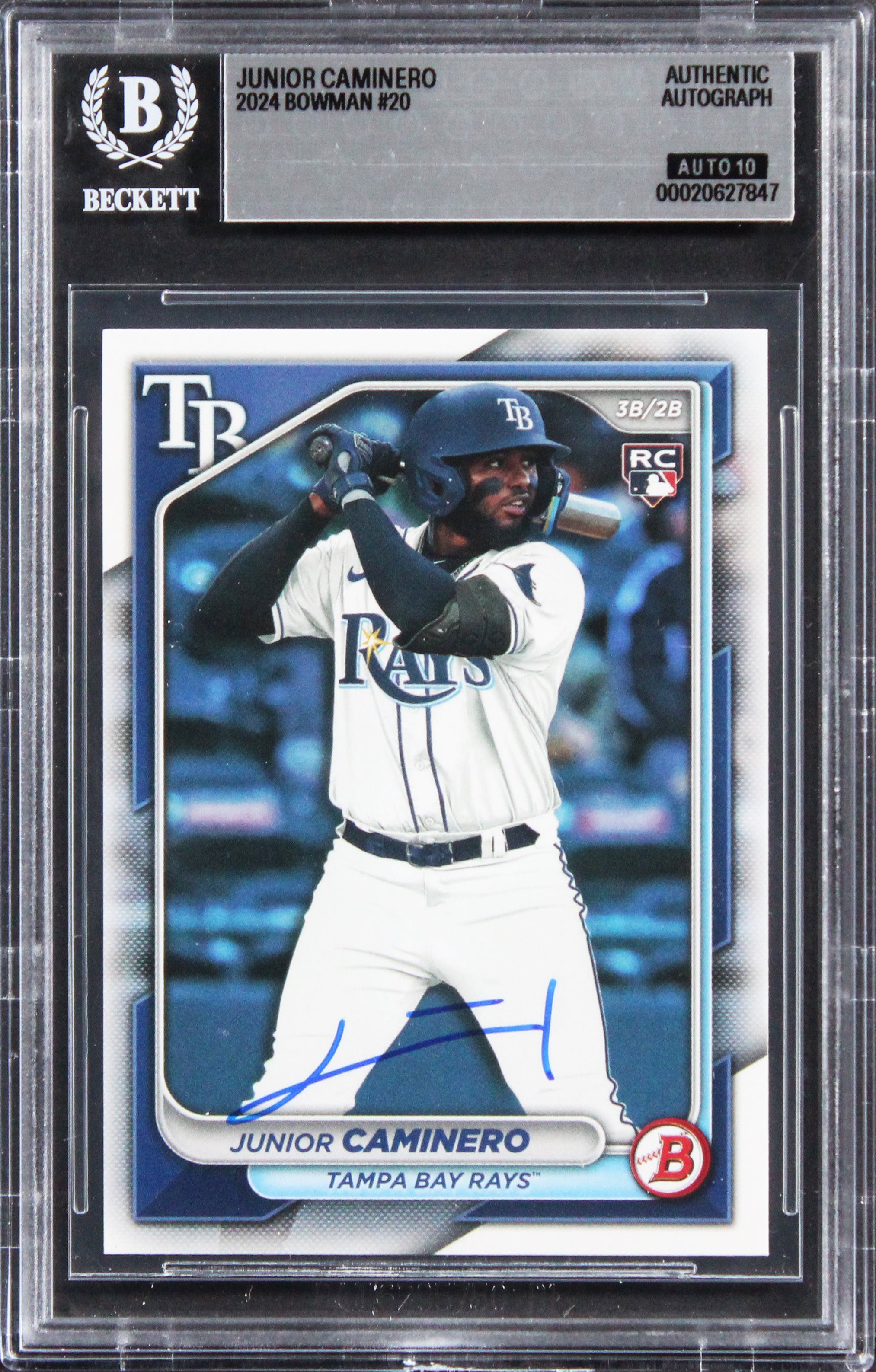 Rays Junior Caminero Signed 2024 Bowman #20 Rookie Card Auto GM 10! BAS Slabbed