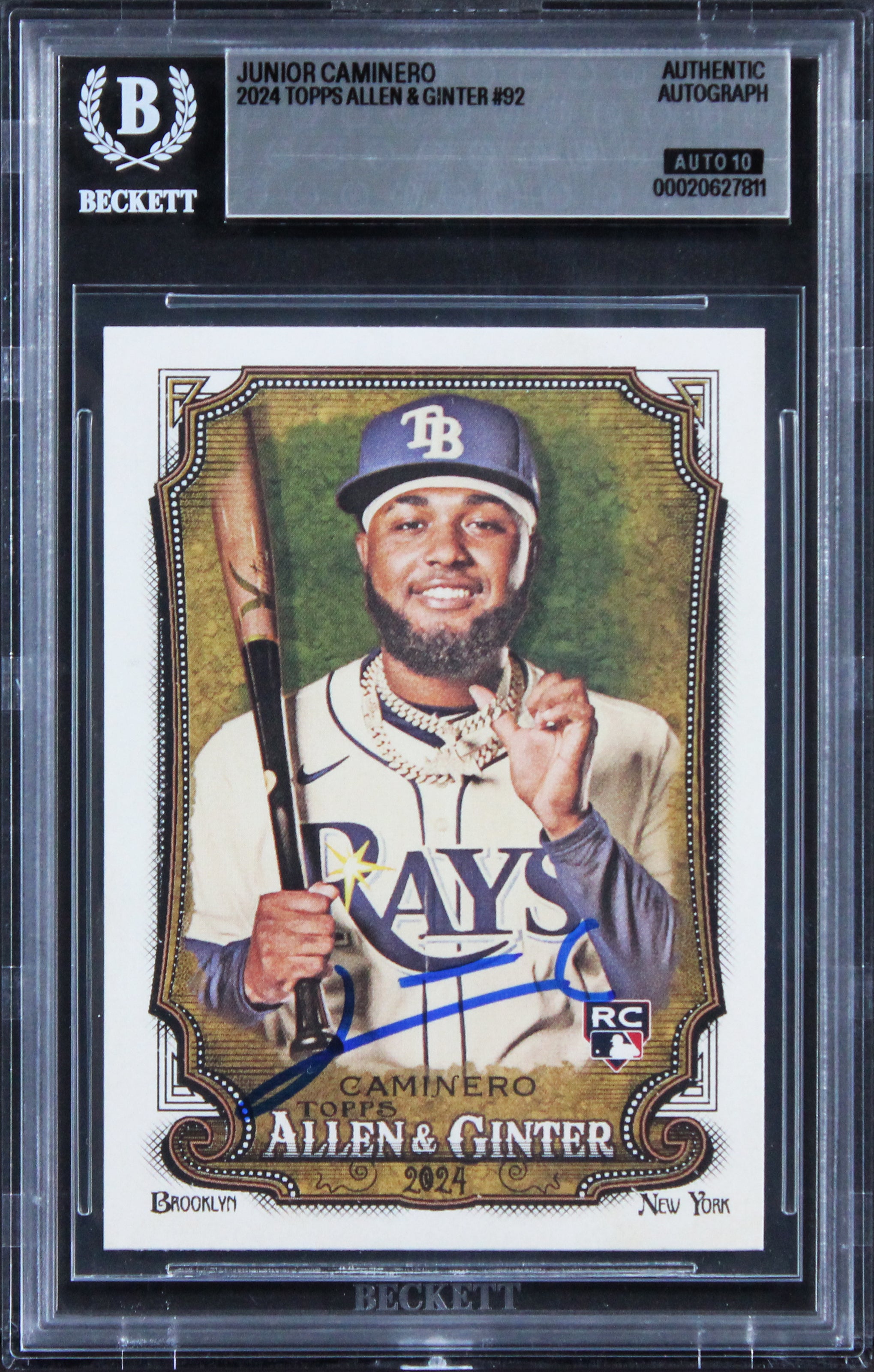 Rays Junior Caminero Signed 2024 Topps A&G #92 Rookie Card Auto 10! BAS Slabbed