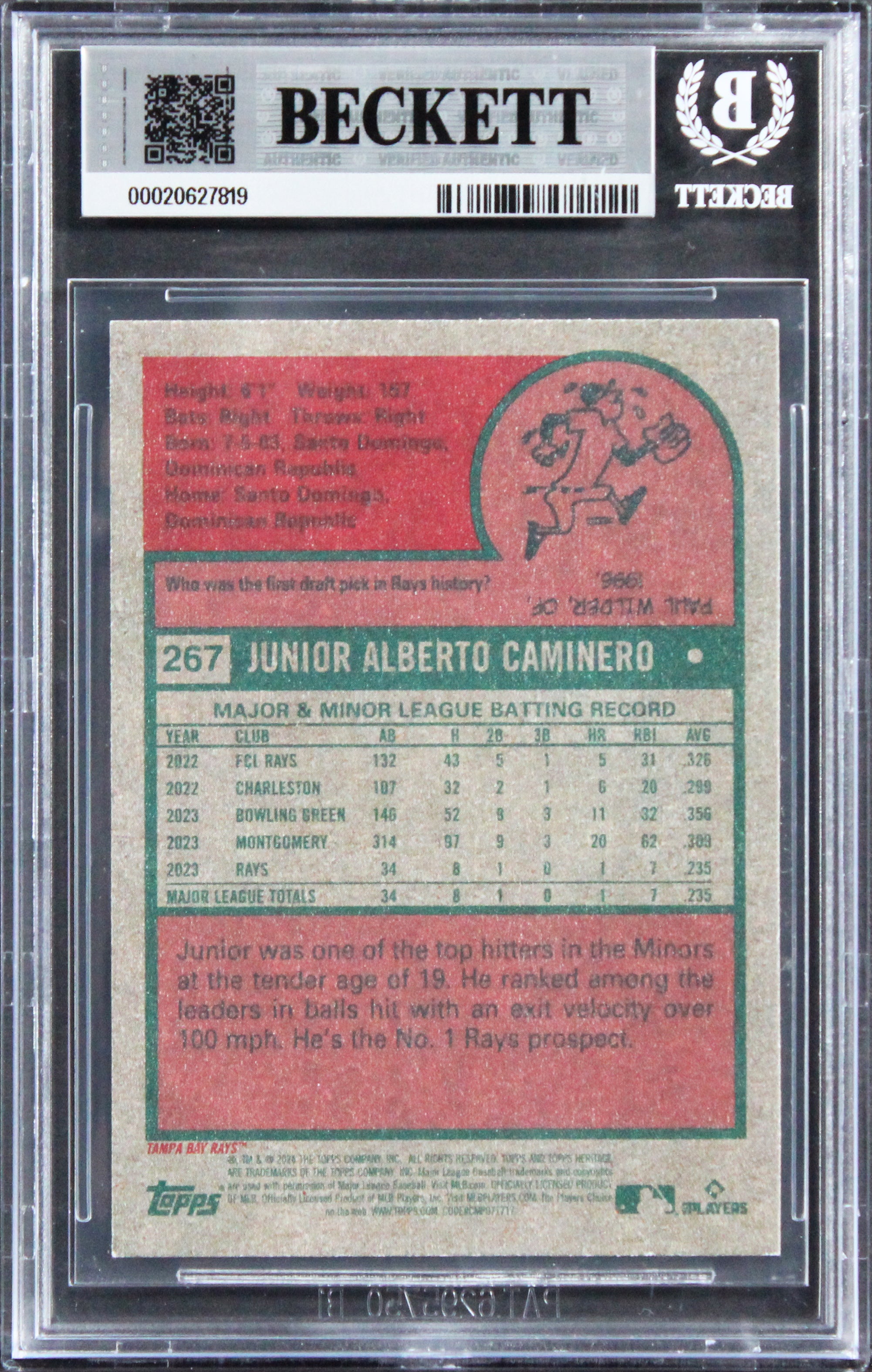 Rays Junior Caminero Signed 2024 Topps Heritage #267 RC Card Auto 10! BAS Slab