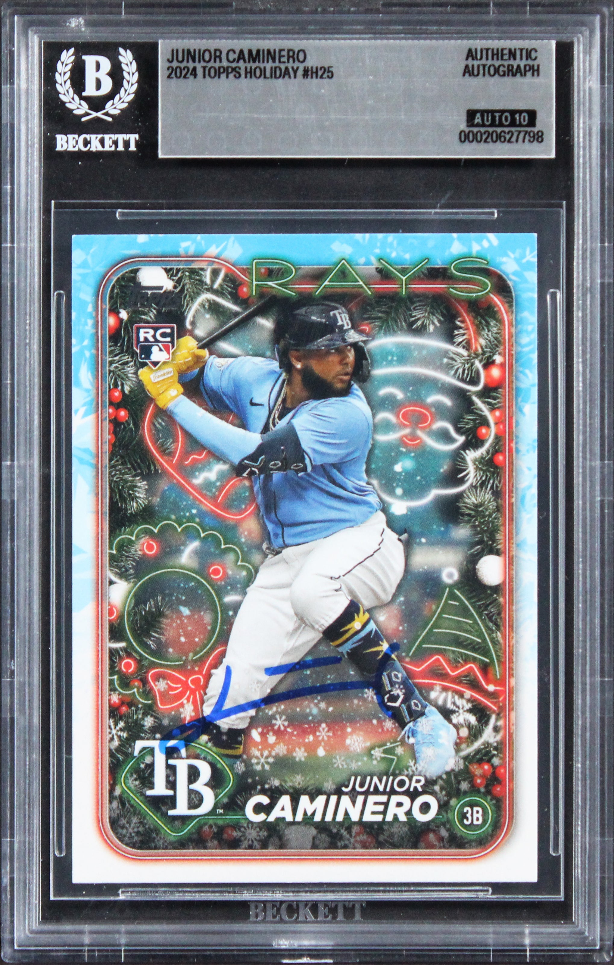 Rays Junior Caminero Signed 2024 Topps Holiday #H25 RC Card Auto 10! BAS Slabbed