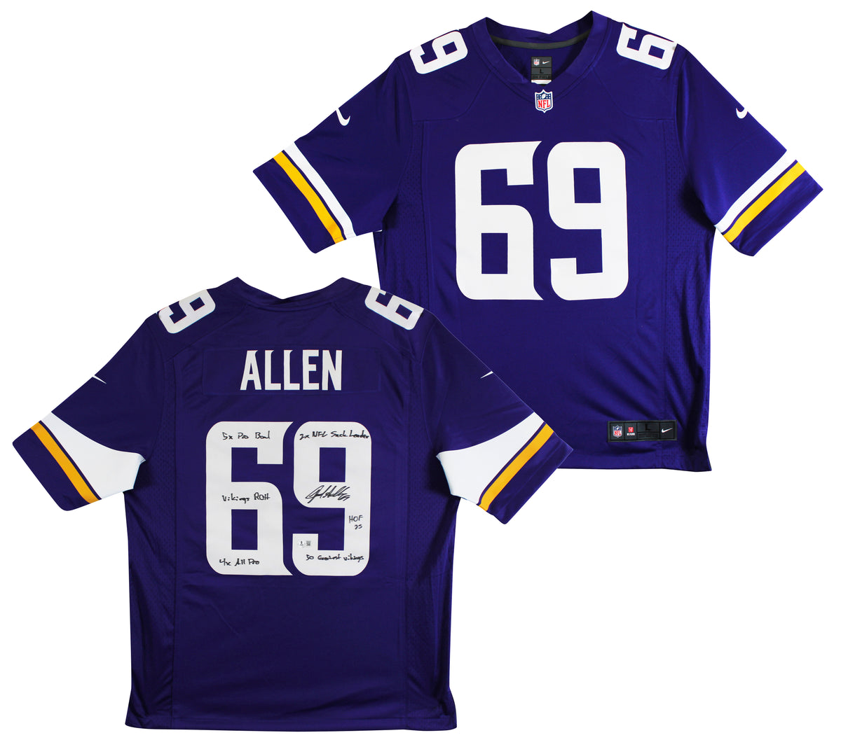 Vikings Jared Allen "6x Insc" Signed Purple Nike Limited Jersey BAS Witnessed