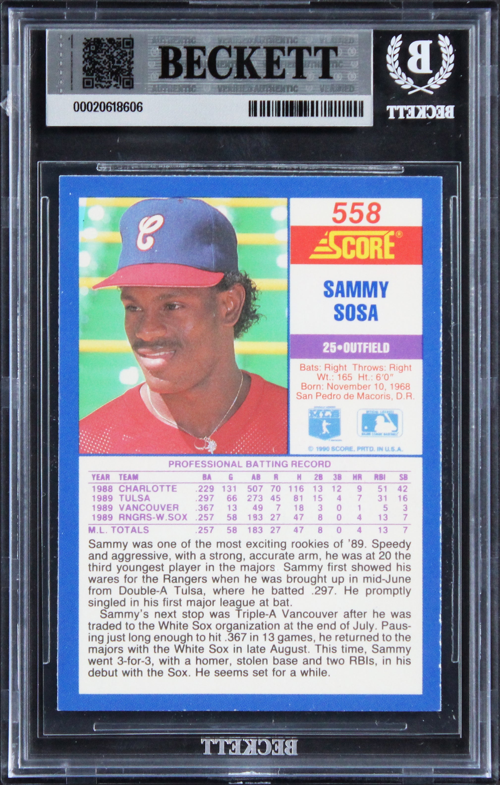 Cubs Sammy Sosa Signed 1990 Score #558 Card Auto Grade Gem Mint 10! BAS Slabbed
